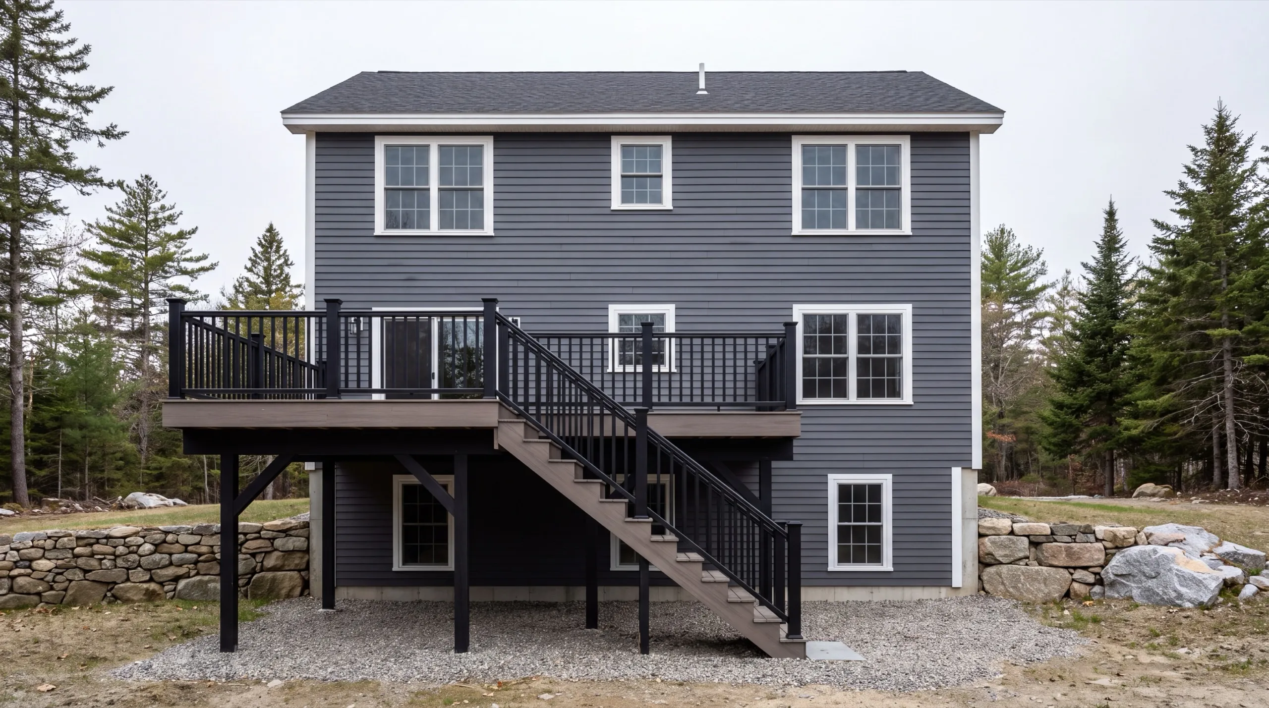 Deck contractor in Wiscasset, ME: second-story composite deck with black railing and stairs on a gray colonial