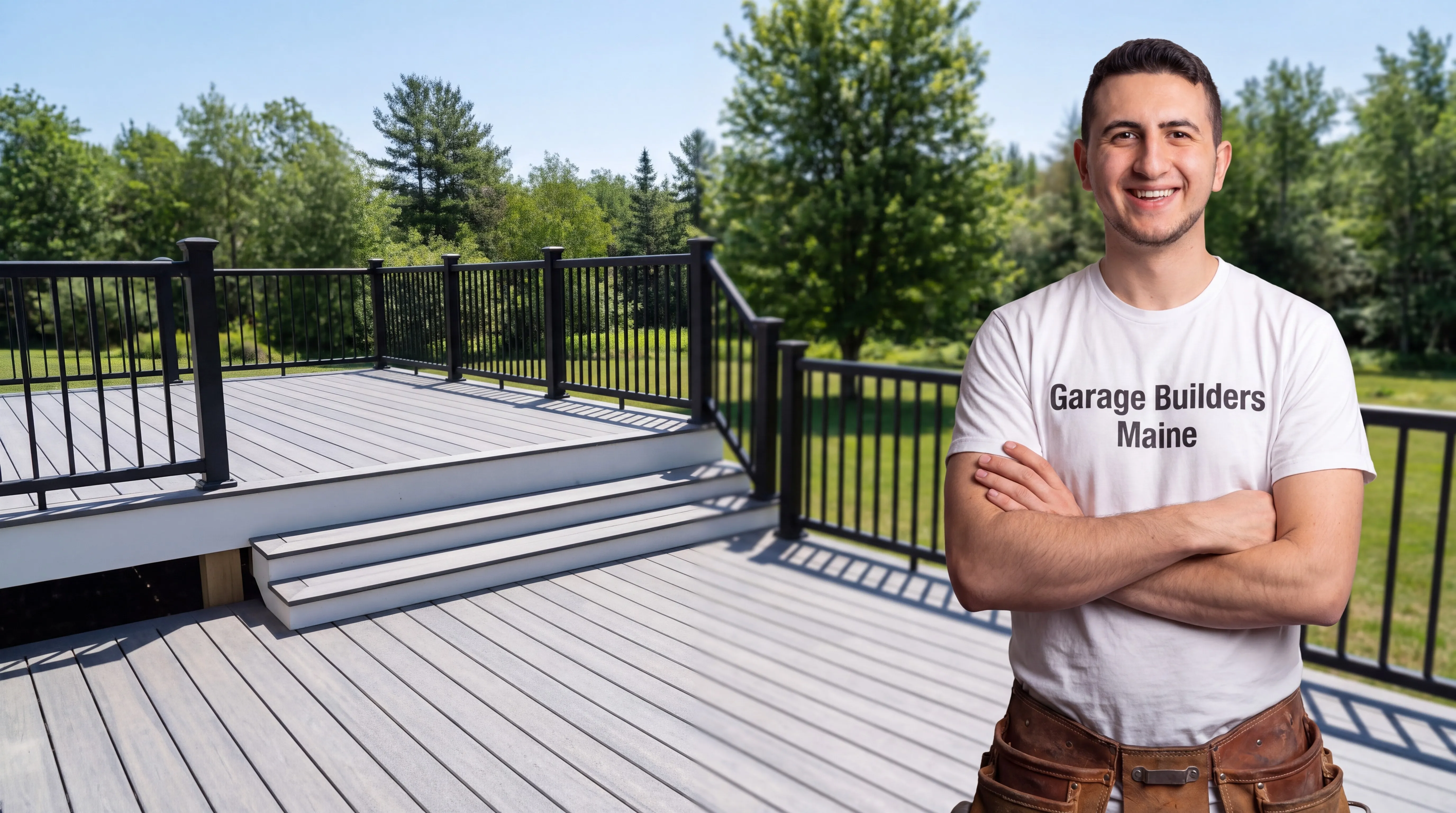 Deck contractor Wiscasset Maine: owner with arms crossed on a gray two-level composite deck with black railing