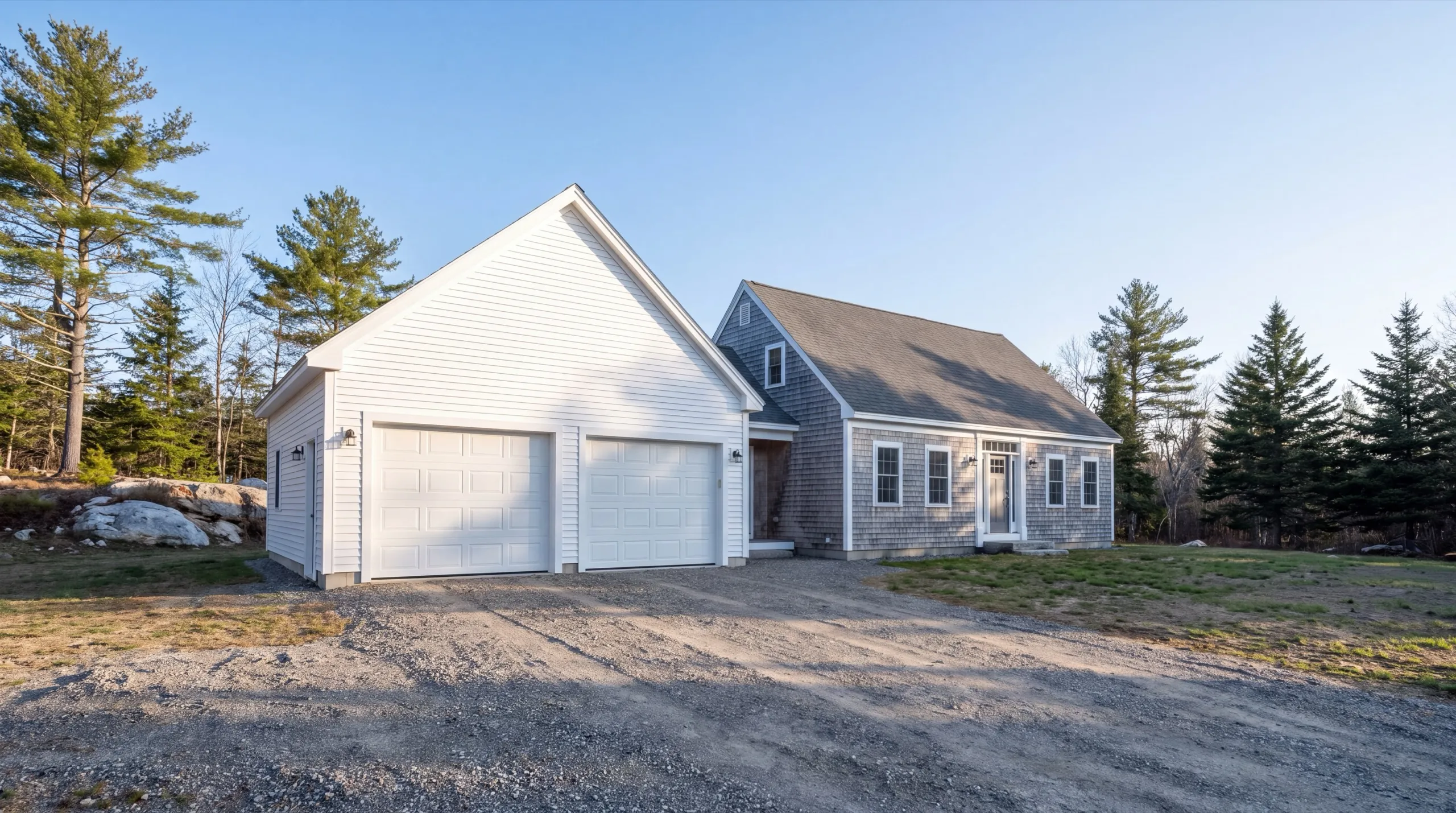 Garage builders Central Maine: white two-bay garage joined to a gray shingled cape by a small entry