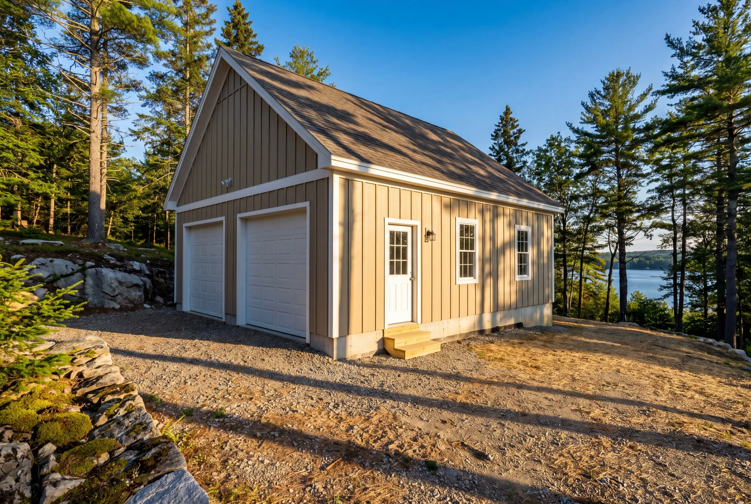 Garage builder Augusta Maine: tan board and batten detached two-bay garage with a side entry door in pines