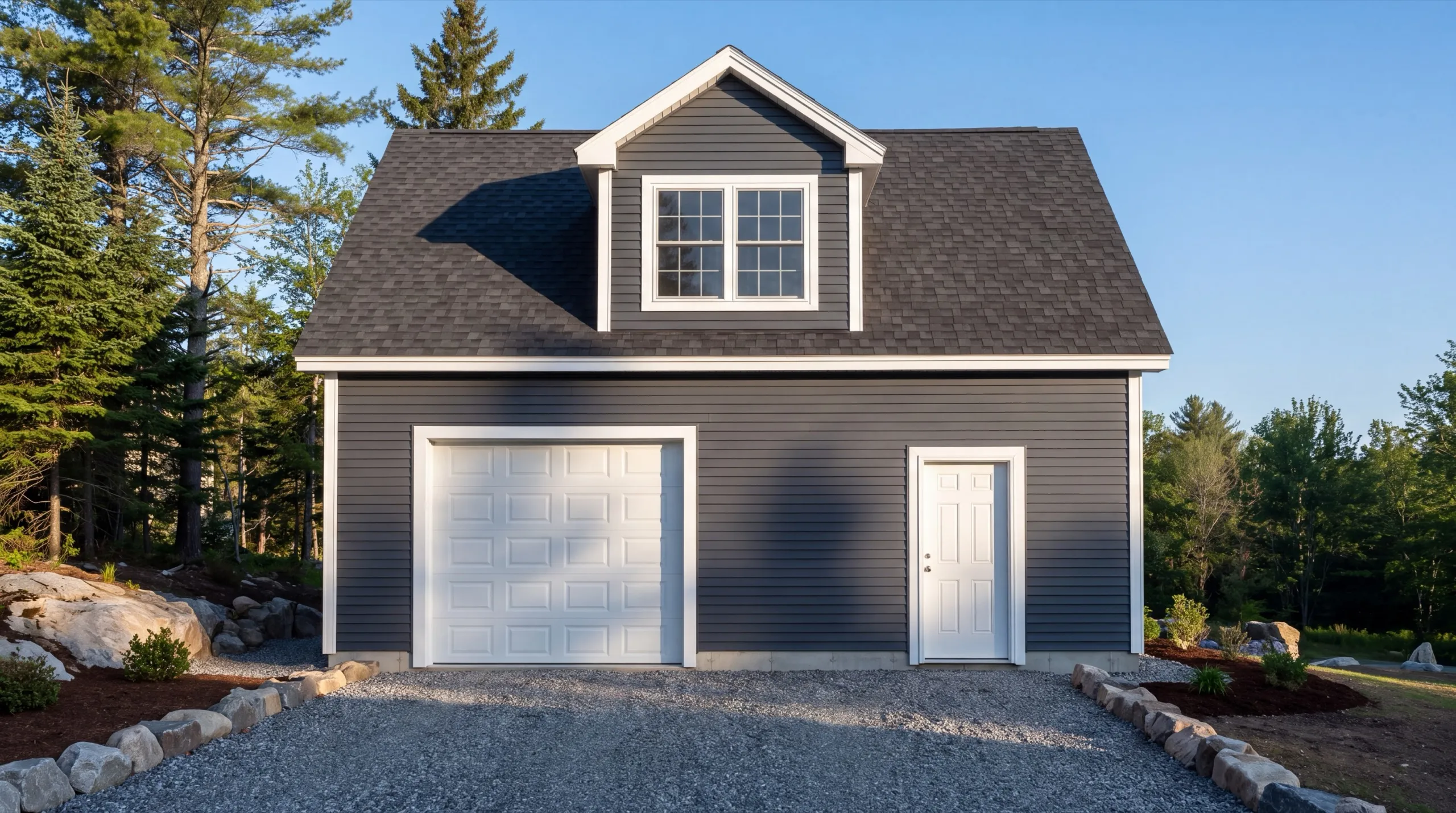 Custom garage builder Augusta Maine: finished gray one-bay garage with a dormer and a side entry door on gravel