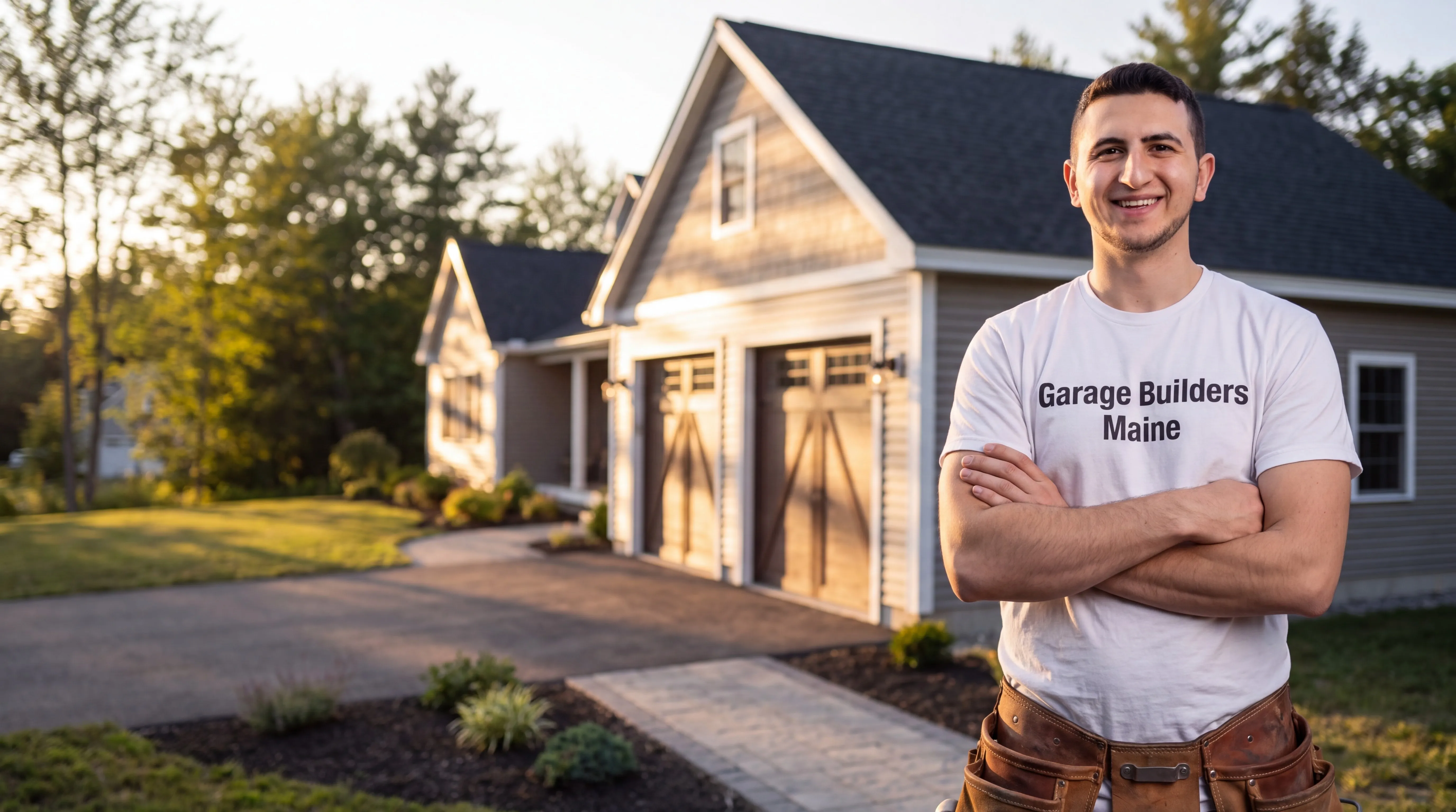 Garage builders Augusta Maine: owner with arms crossed in front of a gray attached garage with wood doors