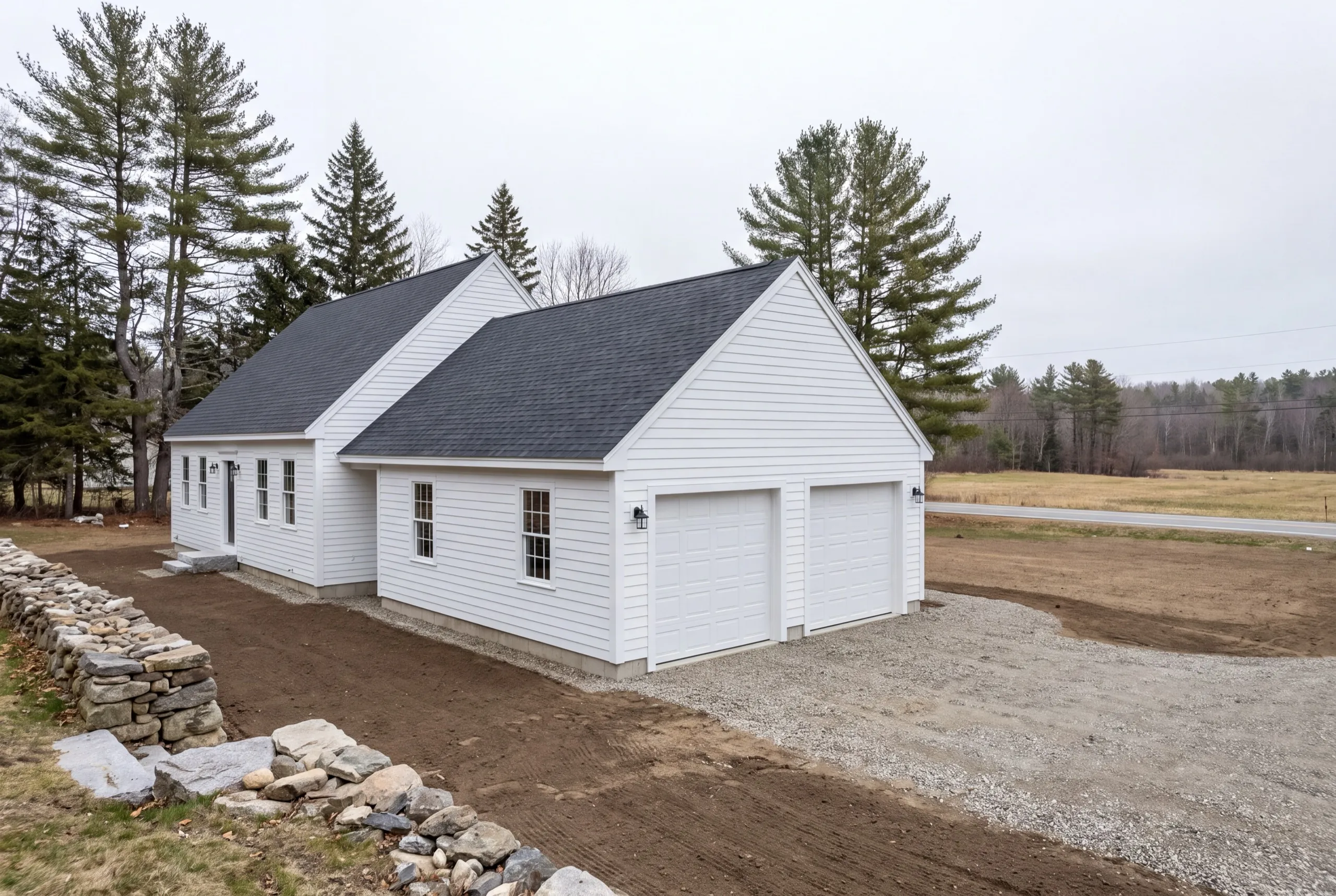 Garage builders Chelsea Maine: white cape with an attached two-bay garage wing on a new gravel drive