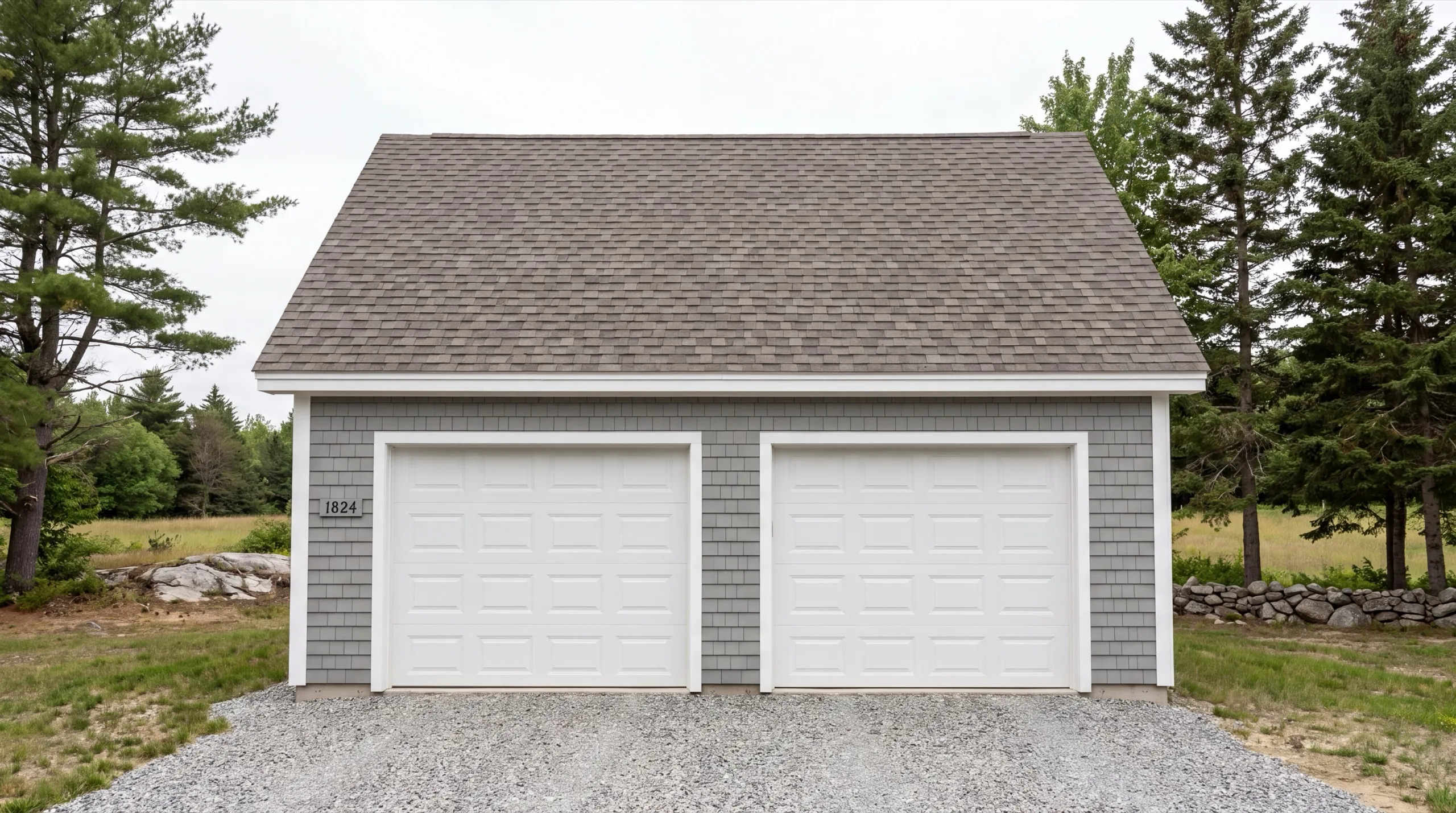 Garage builders in Chelsea, ME: finished two-bay garage with gray shingle siding and white doors on a gravel drive