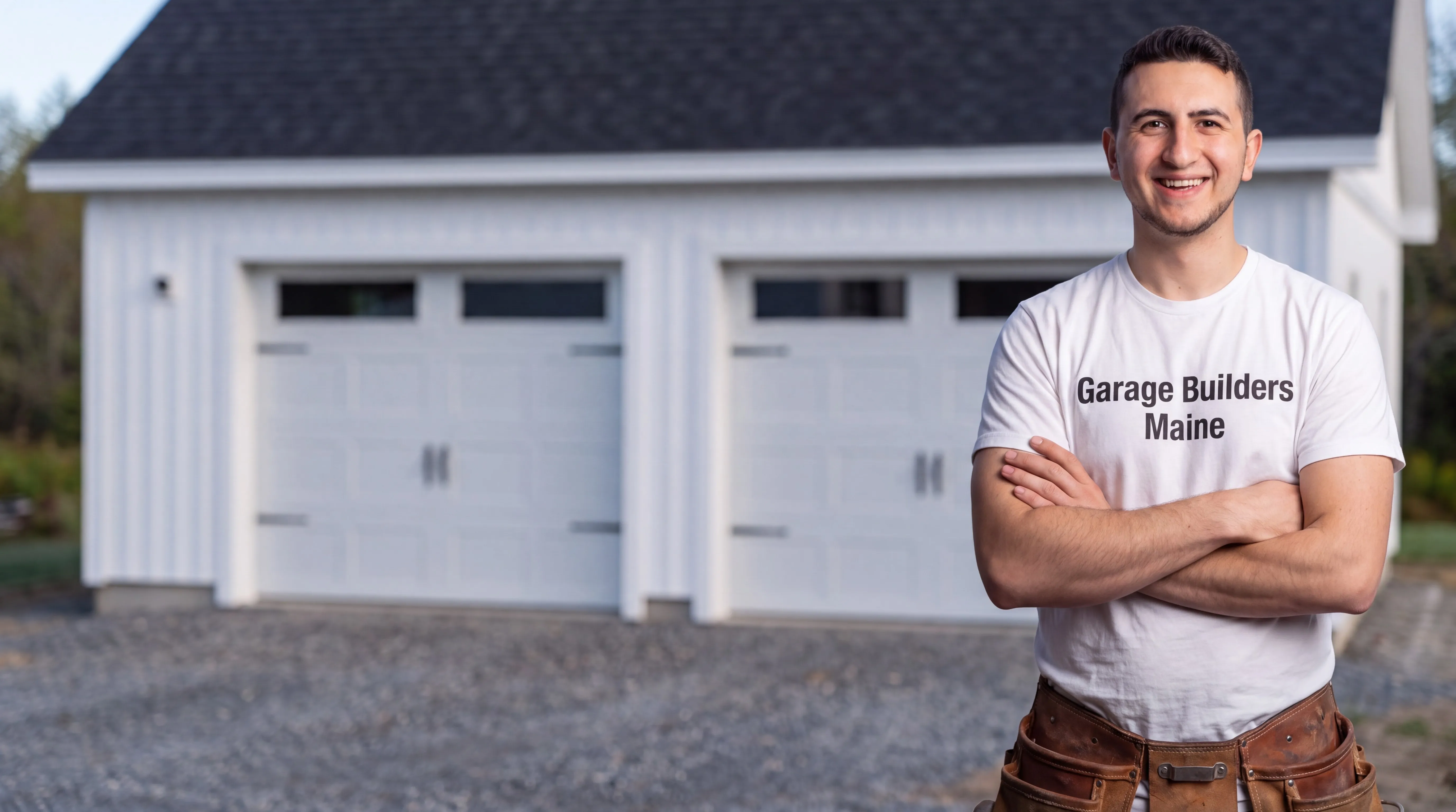 Garage builders Chelsea Maine: owner with arms crossed in front of a white two-bay garage with carriage doors