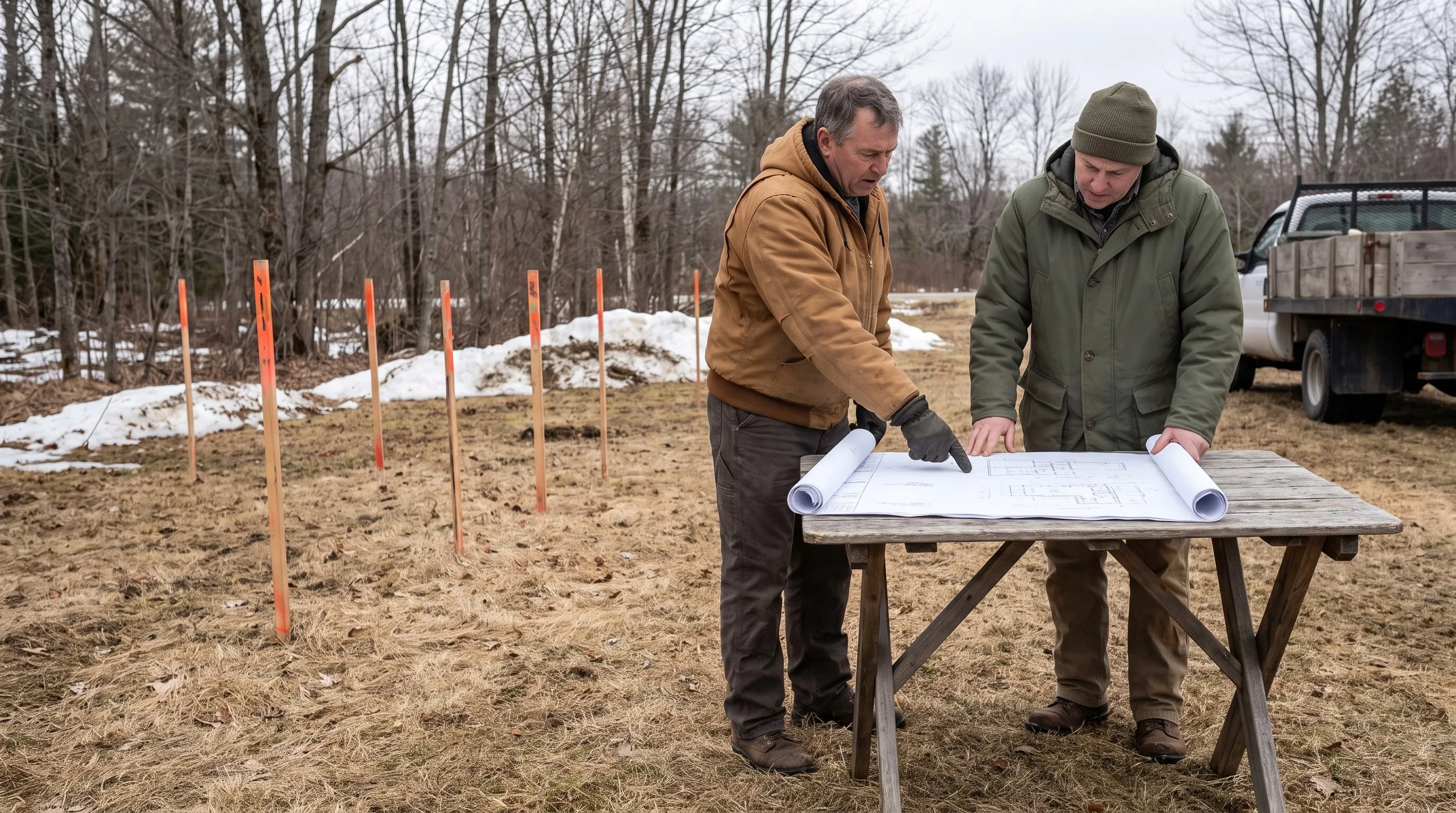Two men review building plans on an outdoor table beside a staked-out lot in Chelsea, Maine