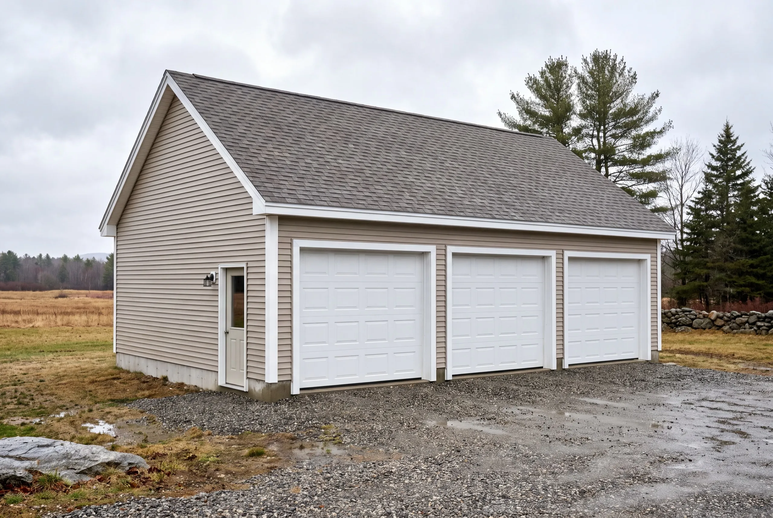 Garage builder Chelsea Maine: finished beige three-bay garage with white doors and a side entry door on gravel