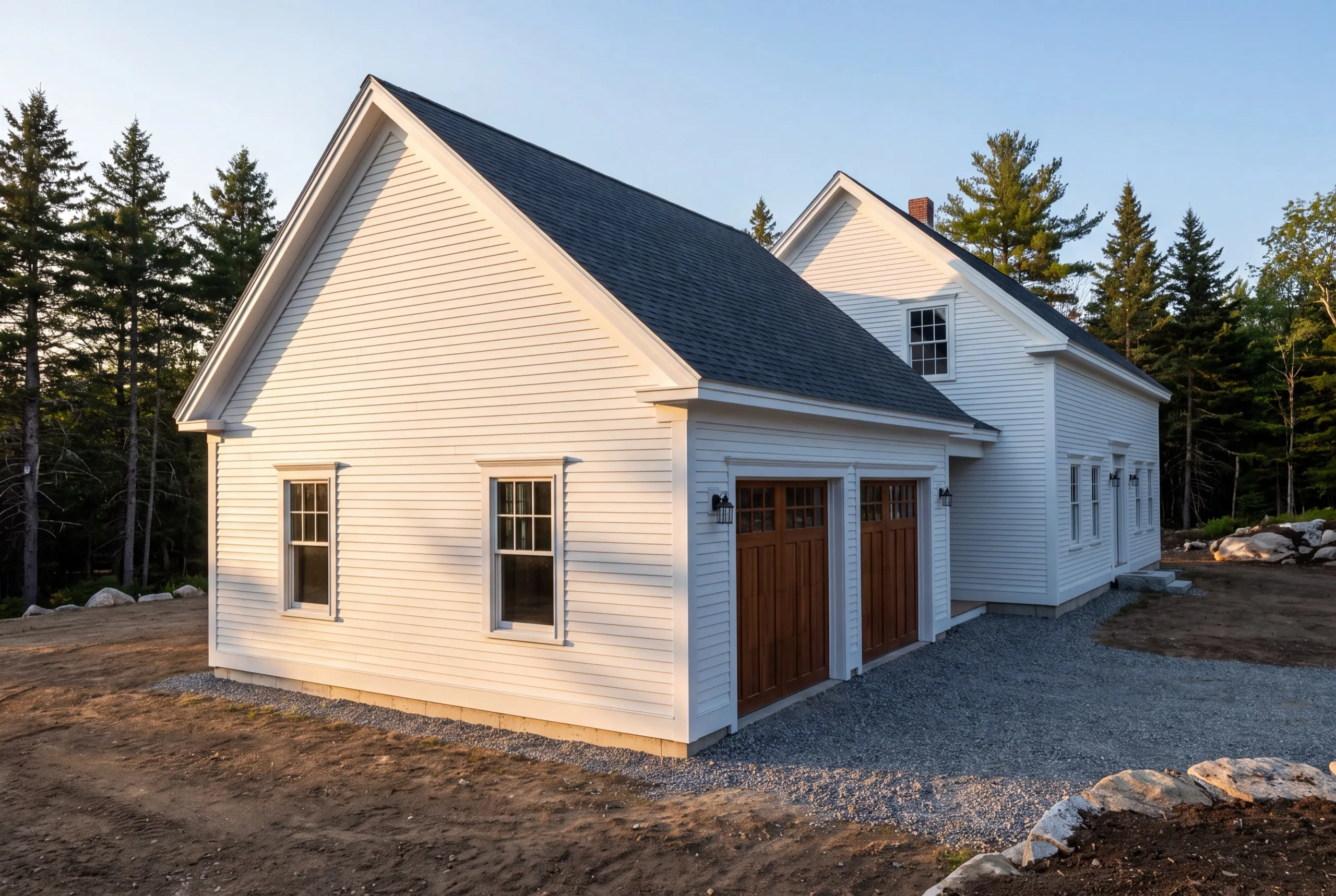 Garage builders Dresden Maine: white farmhouse with an attached two-bay garage wing and wood doors
