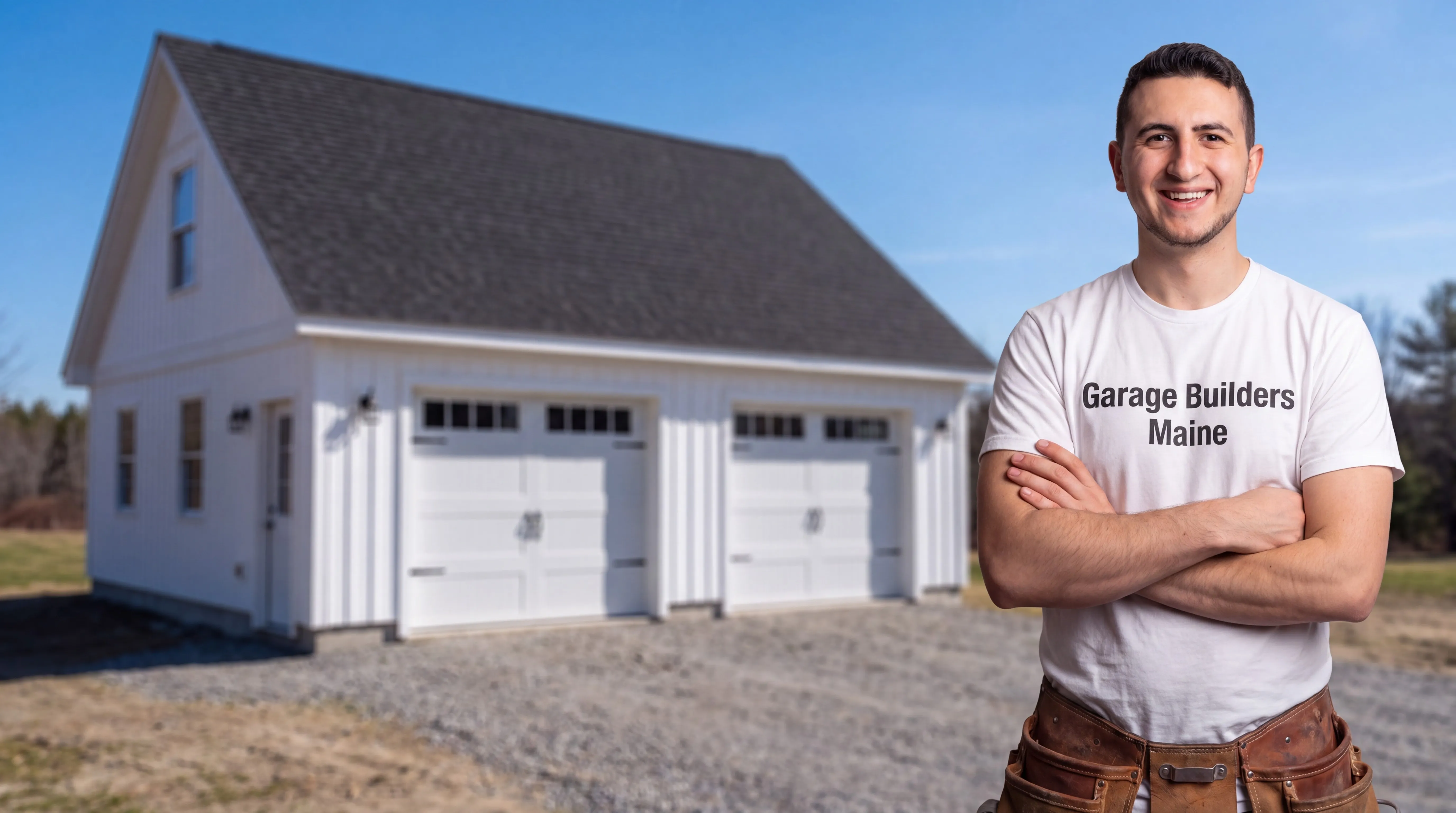 Garage builders Dresden Maine: owner with arms crossed in front of a white two-bay garage with carriage doors