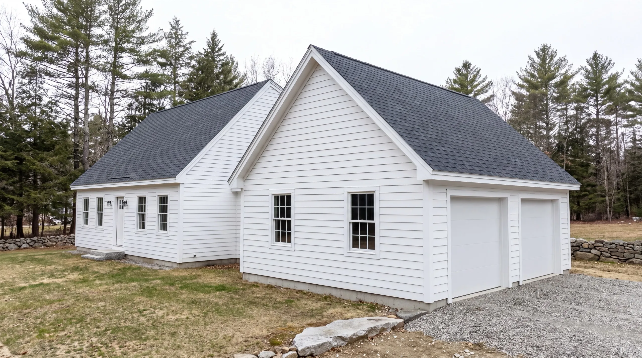Garage builders Farmingdale Maine: white cape with an attached two-bay garage wing on a gravel drive