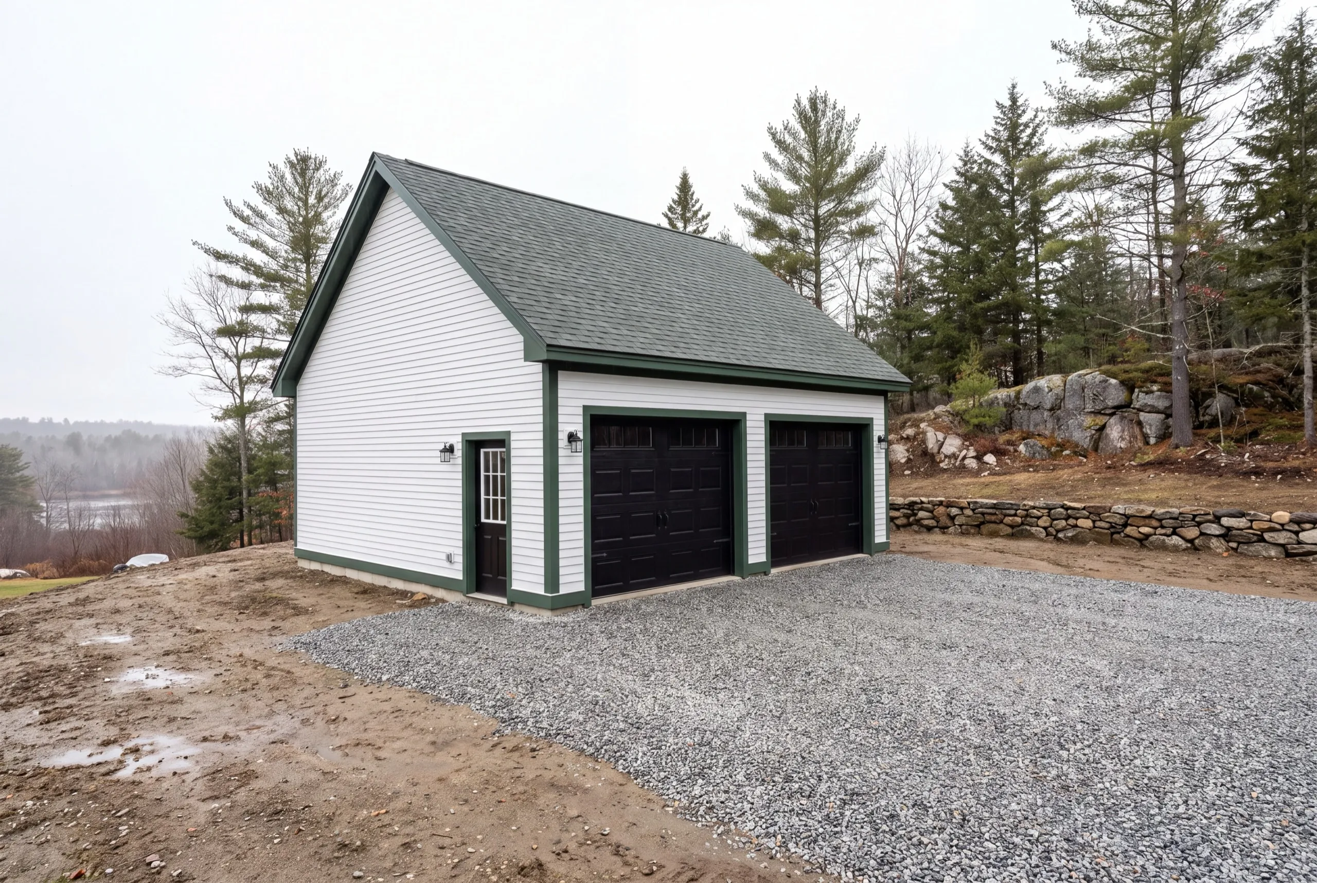 Garage builder Farmingdale Maine: finished white detached two-bay garage with black doors on a graded gravel pad