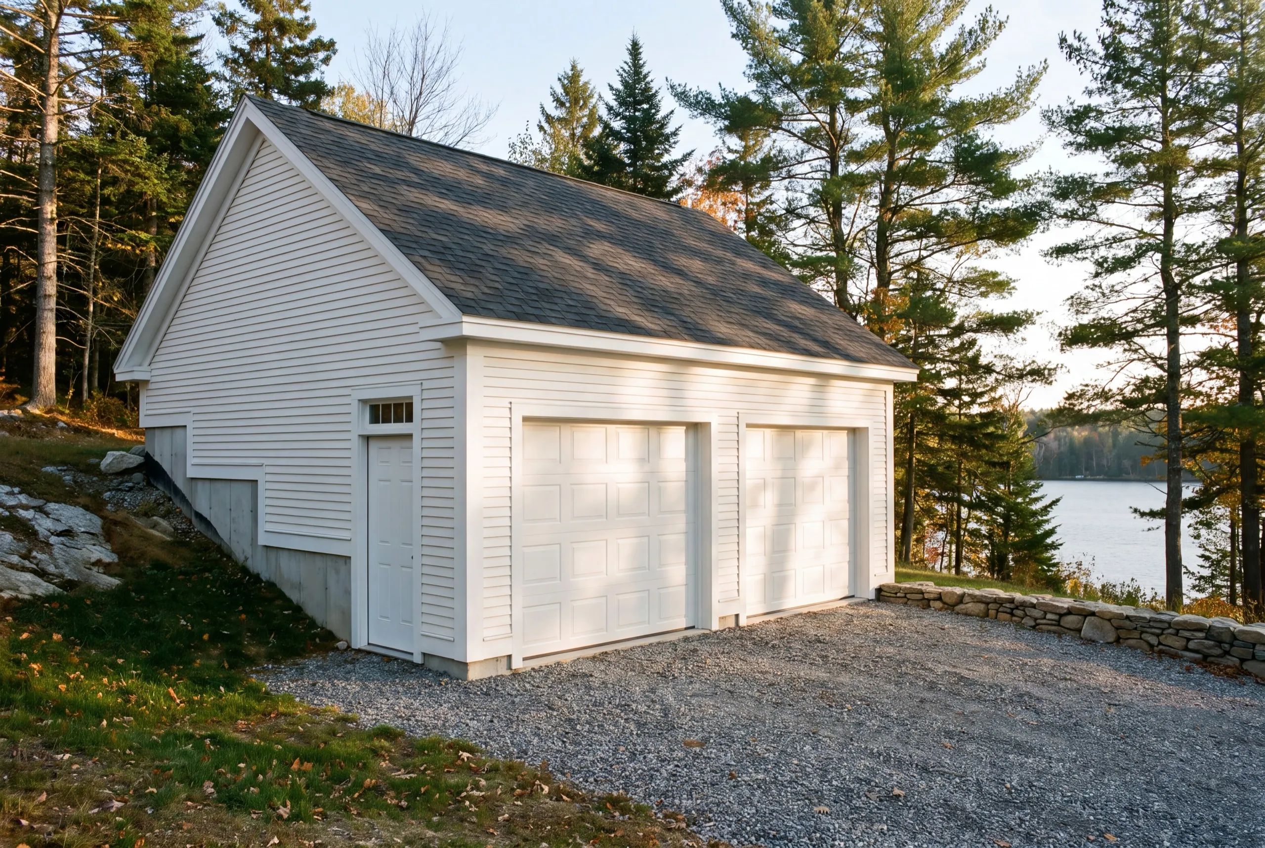 Custom garage builder Farmingdale Maine: finished white detached two-bay garage set into a slope above a lake