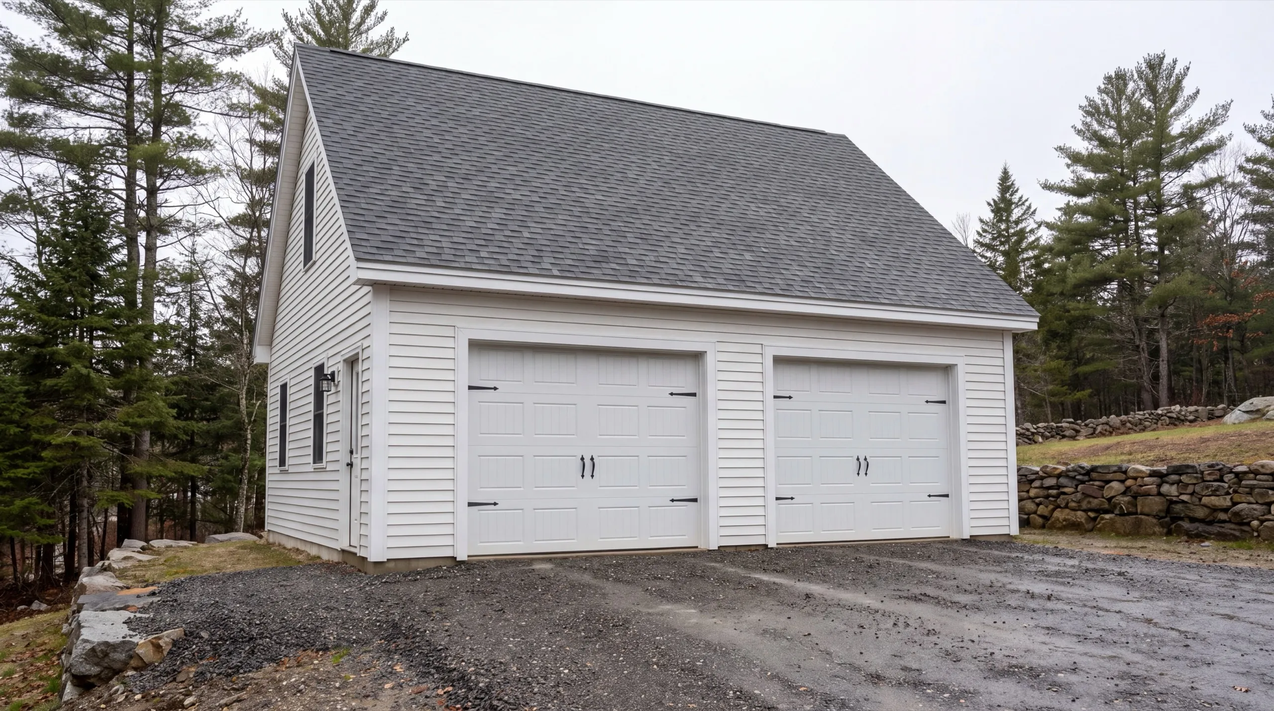 Garage builders in Farmingdale, ME: finished white detached two-bay garage with carriage doors on a gravel drive