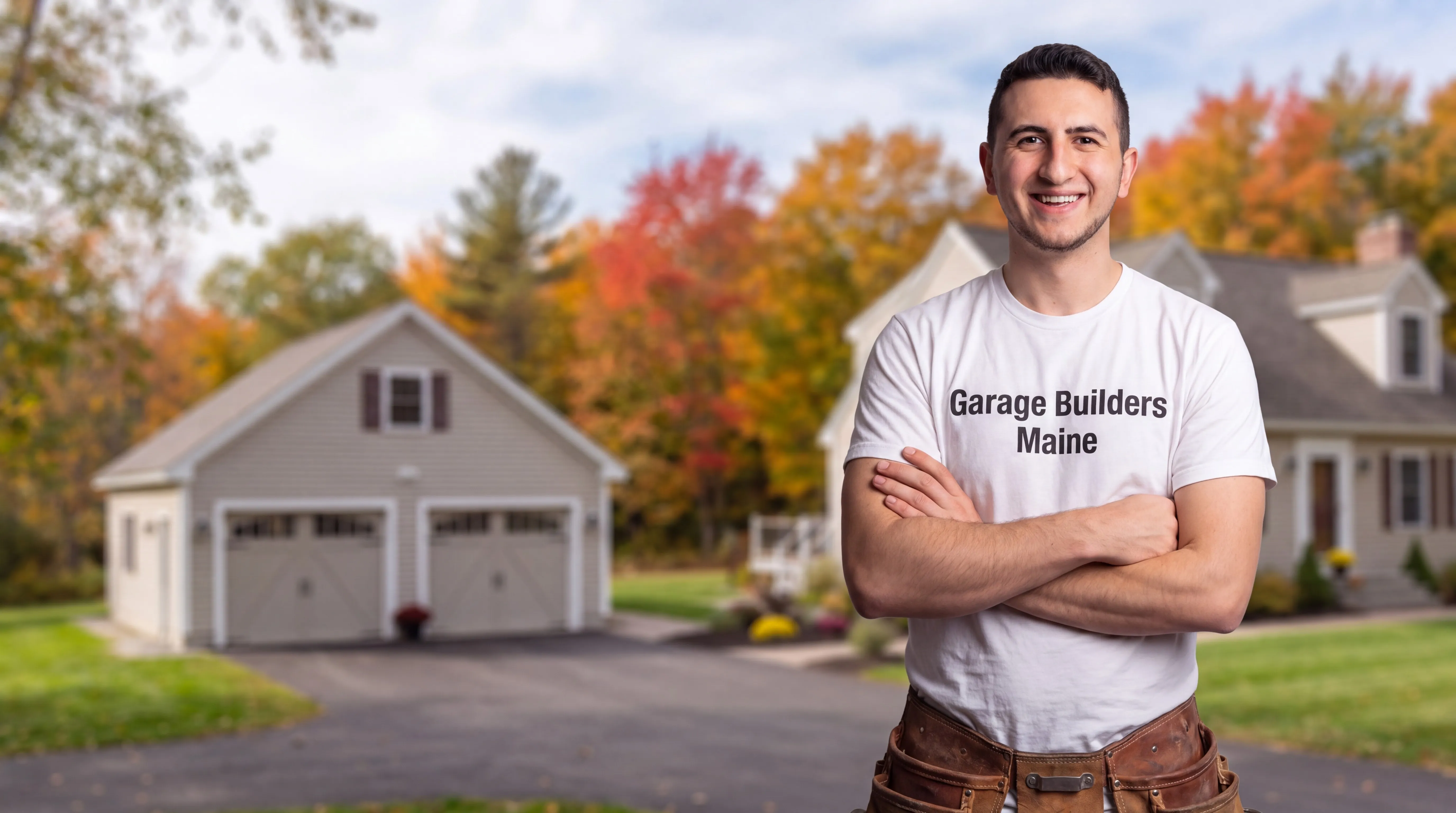 Garage builders Farmingdale Maine: owner with arms crossed in front of a tan detached two-bay garage and cape