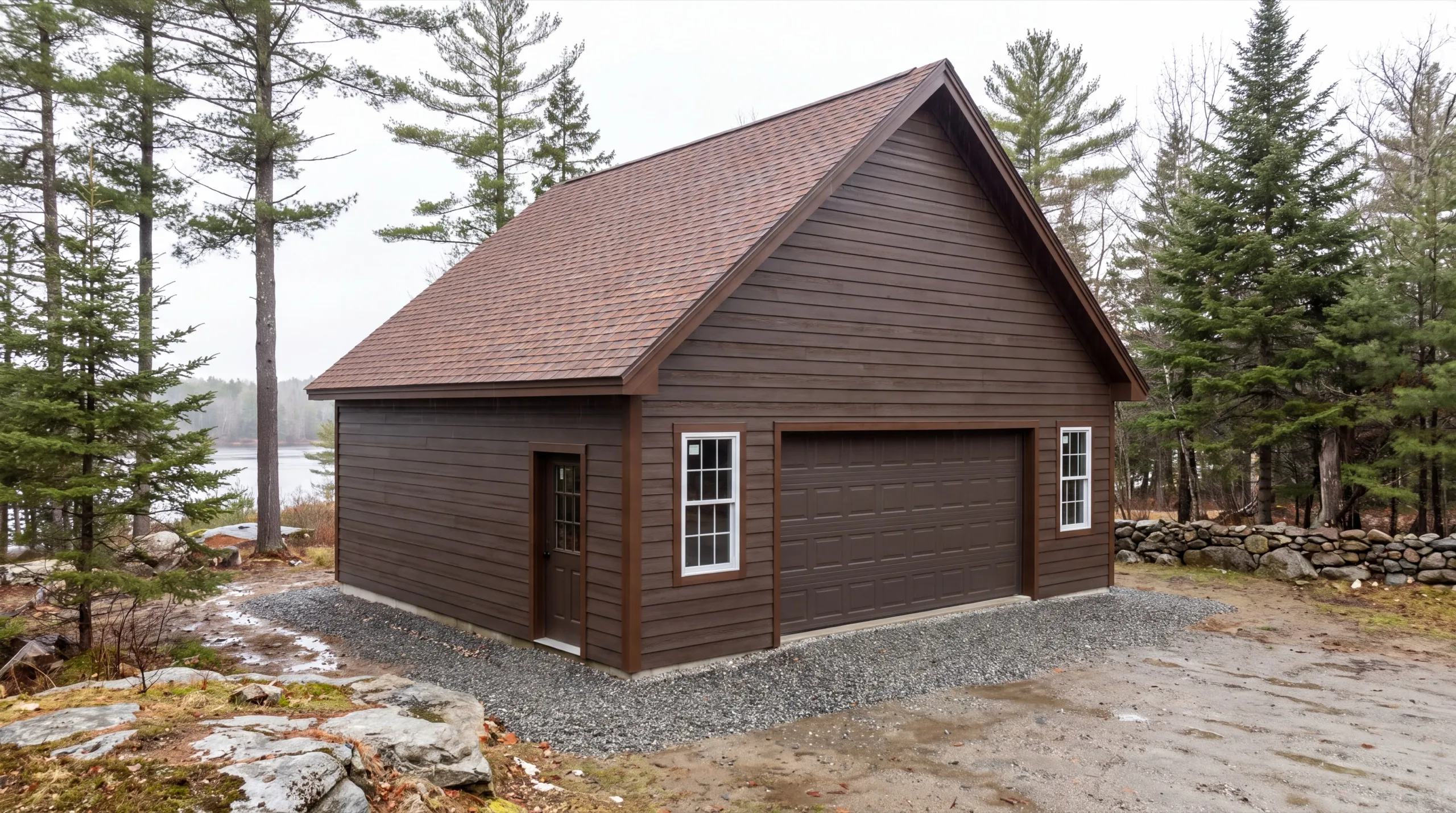 Garage builders Farmingdale Maine: finished brown detached garage with one wide door on a graded gravel pad