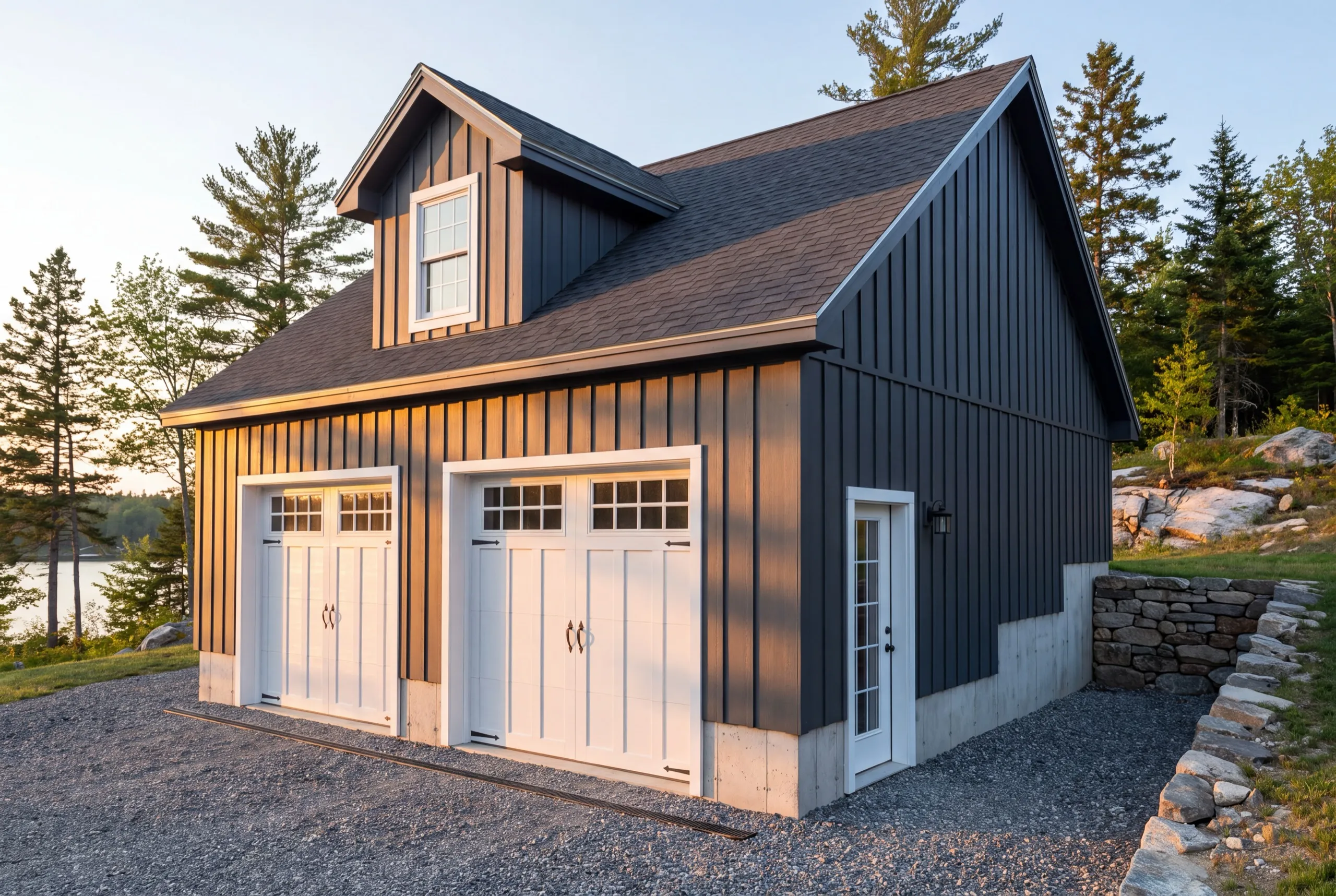 Garage builders Farmingdale Maine: finished navy board and batten two-bay garage with a loft dormer and carriage doors