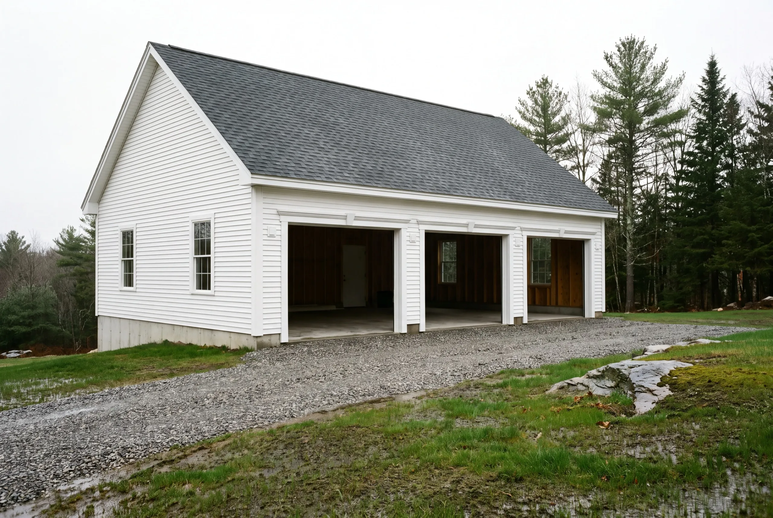Custom garage builder Farmingdale Maine: white three-bay garage with all three bays open to a wood-lined interior