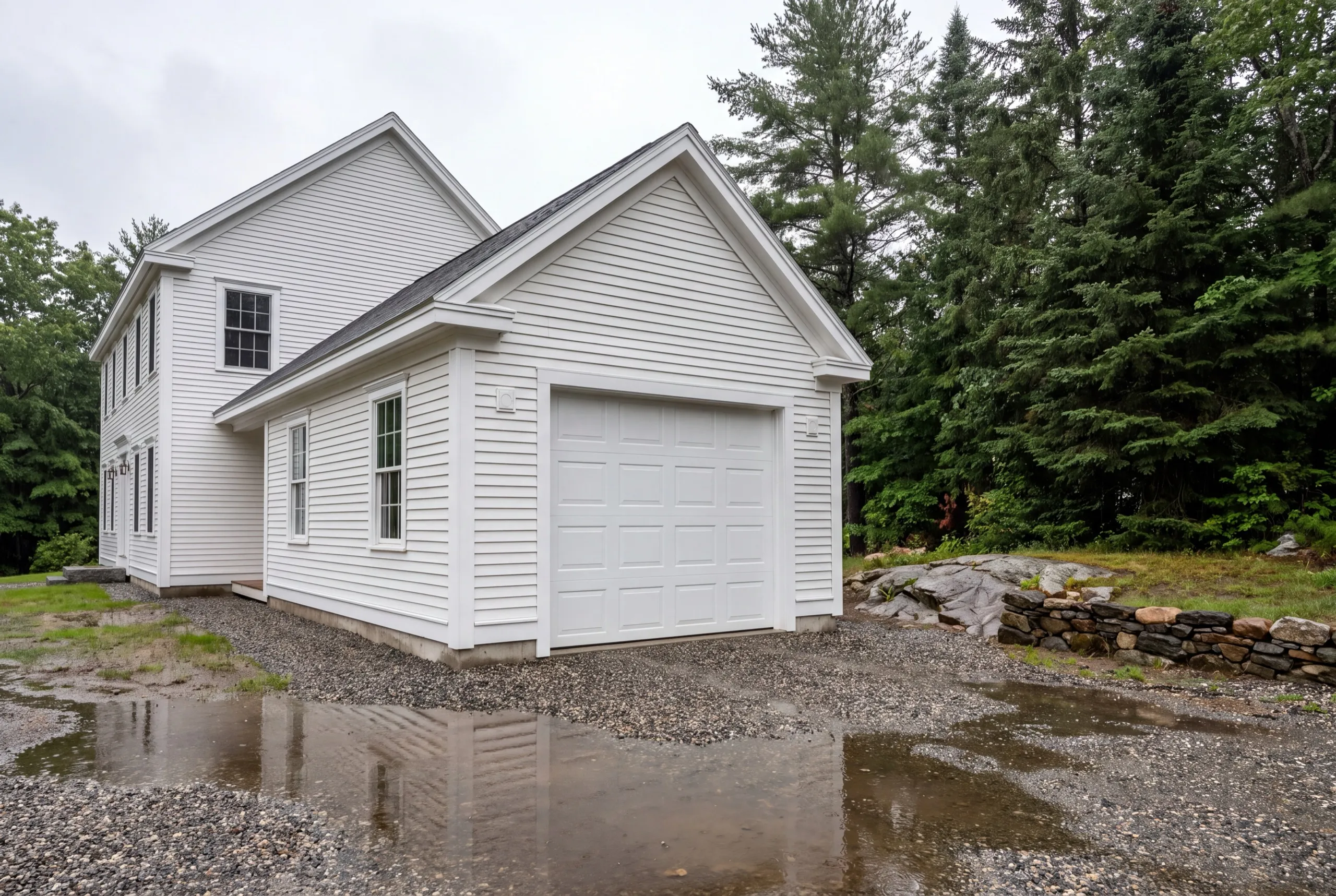 Garage builders Gardiner Maine: white house with an attached one-bay garage wing on a wet gravel drive