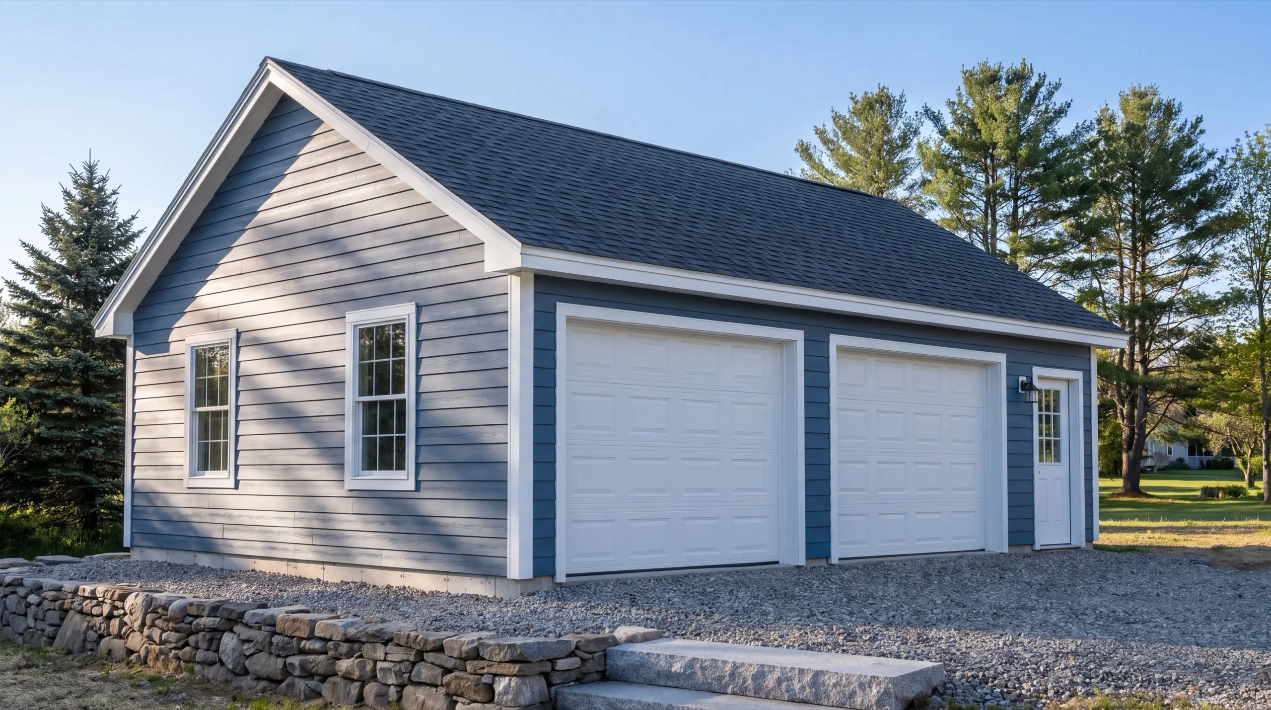 Custom garage builder Gardiner Maine: finished gray blue two-bay garage with white trim and a side entry door