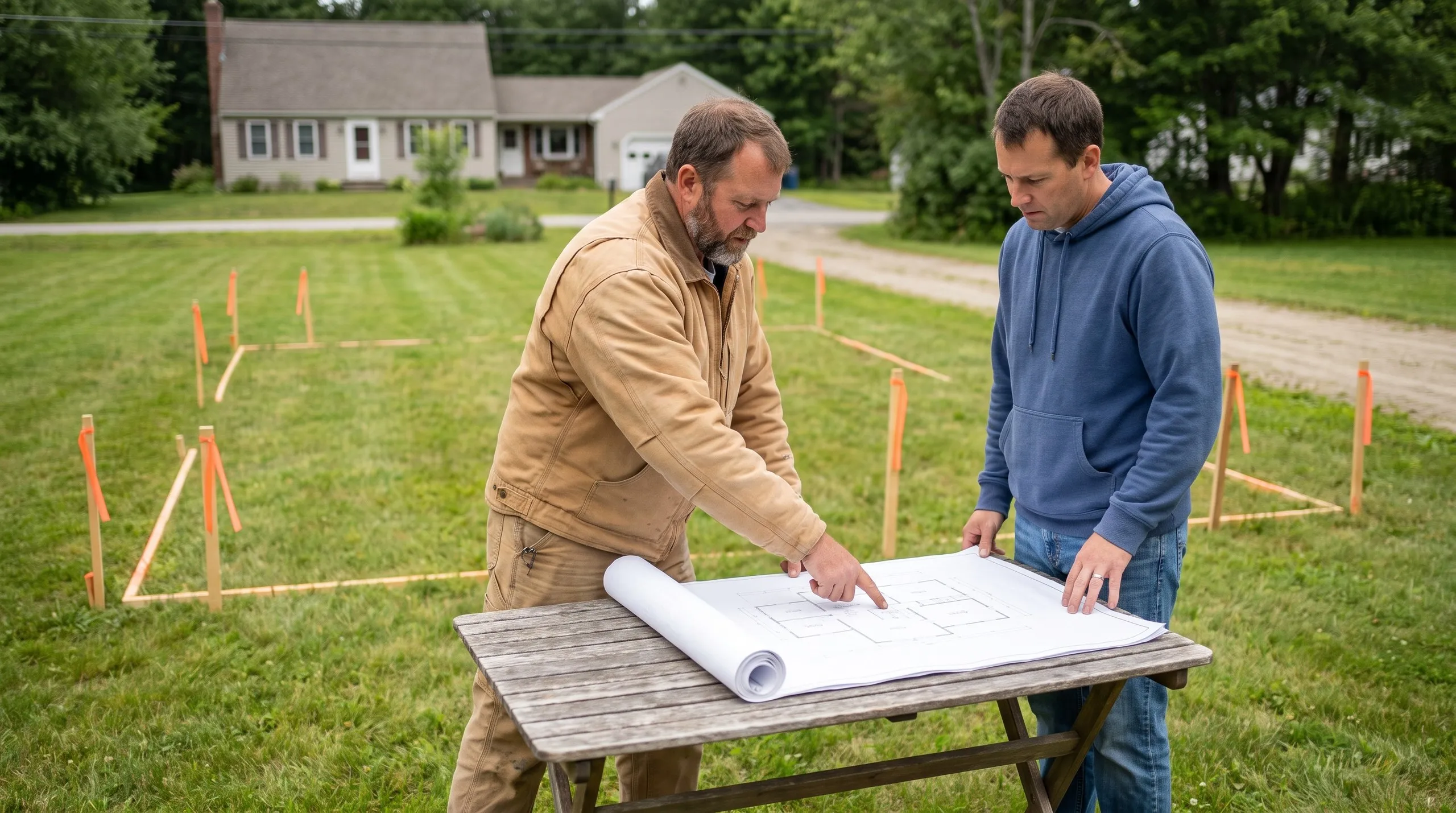 Two men review a floor plan on an outdoor table beside a staked-out lot in Gardiner, Maine