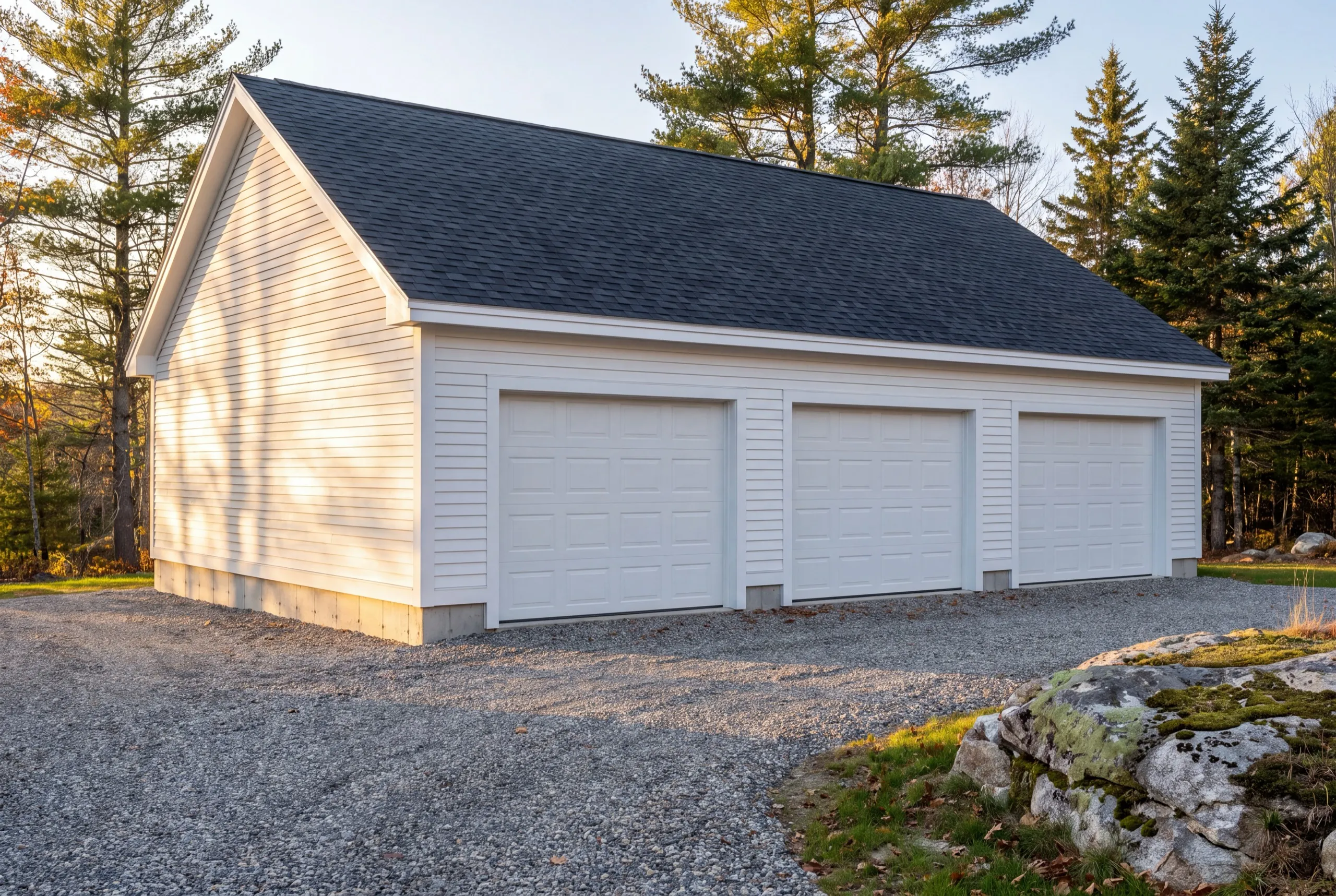 Custom garage builder Gardiner Maine: finished white three-bay garage with white doors on a wide gravel drive