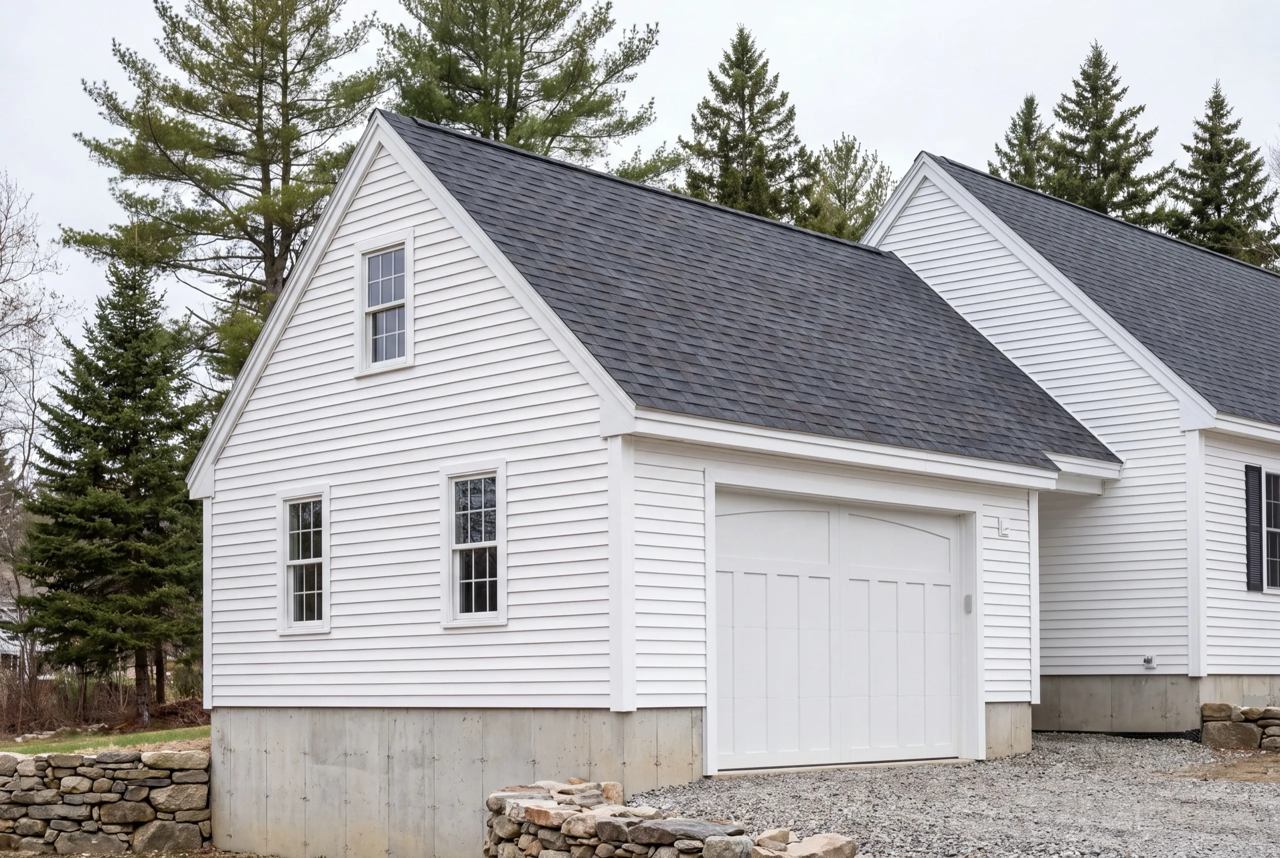 Garage builders Hallowell Maine: white one-bay garage with an arched door attached to a white house