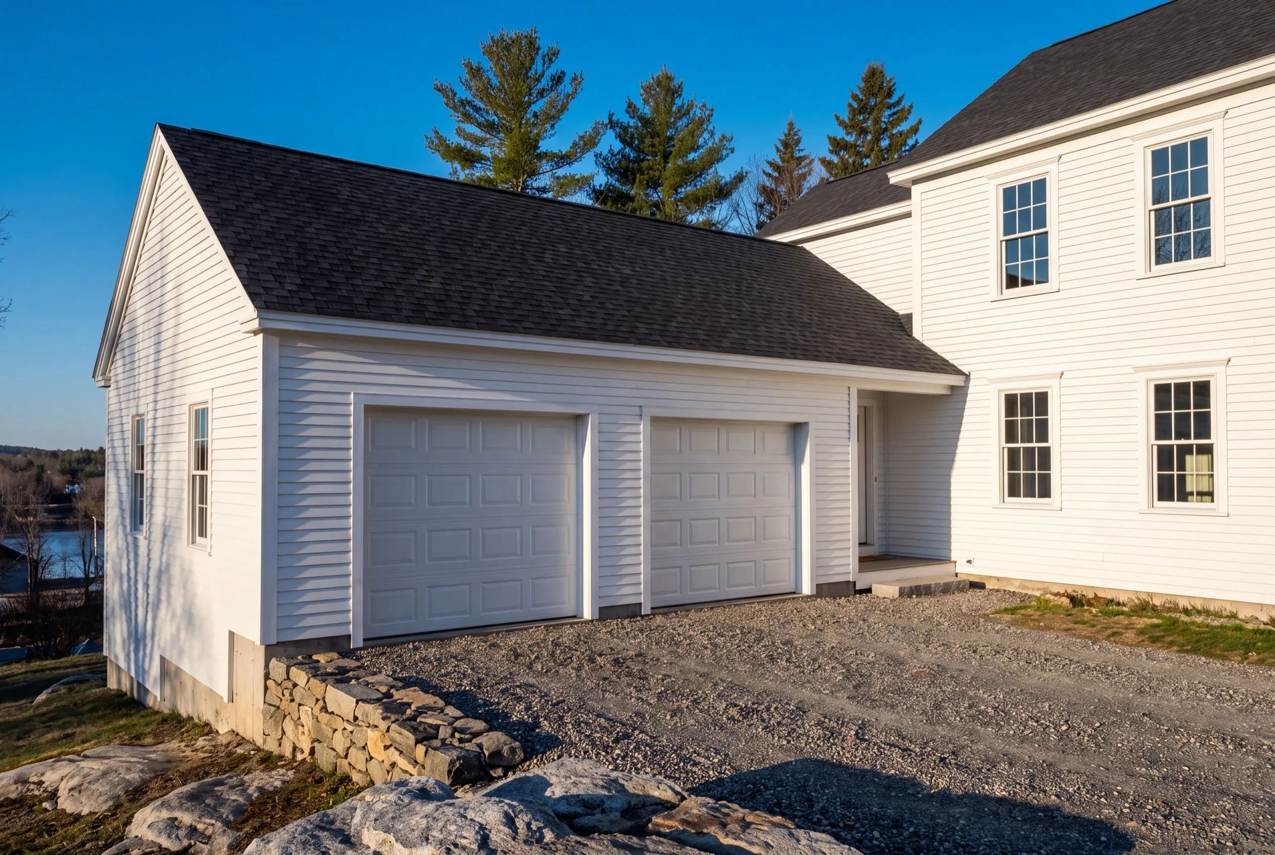 Garage builder Hallowell Maine: white two-bay garage attached to a white two-story house on gravel