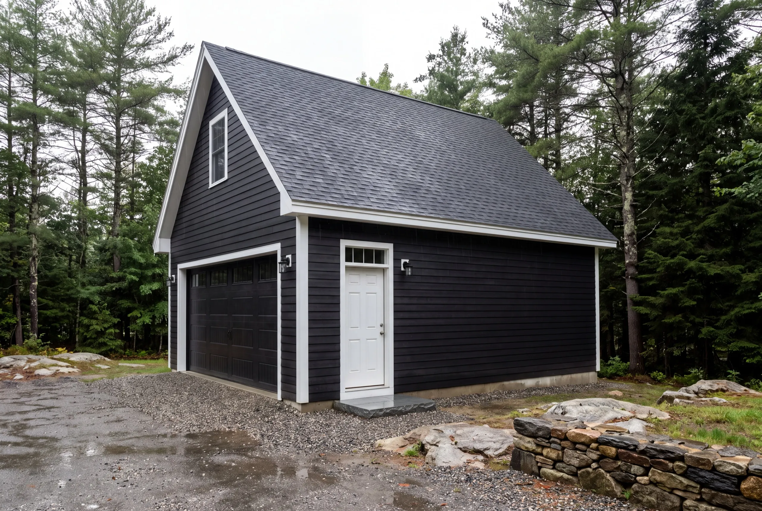 Custom garage builder Hallowell Maine: finished charcoal detached one-bay garage with a side entry door on gravel