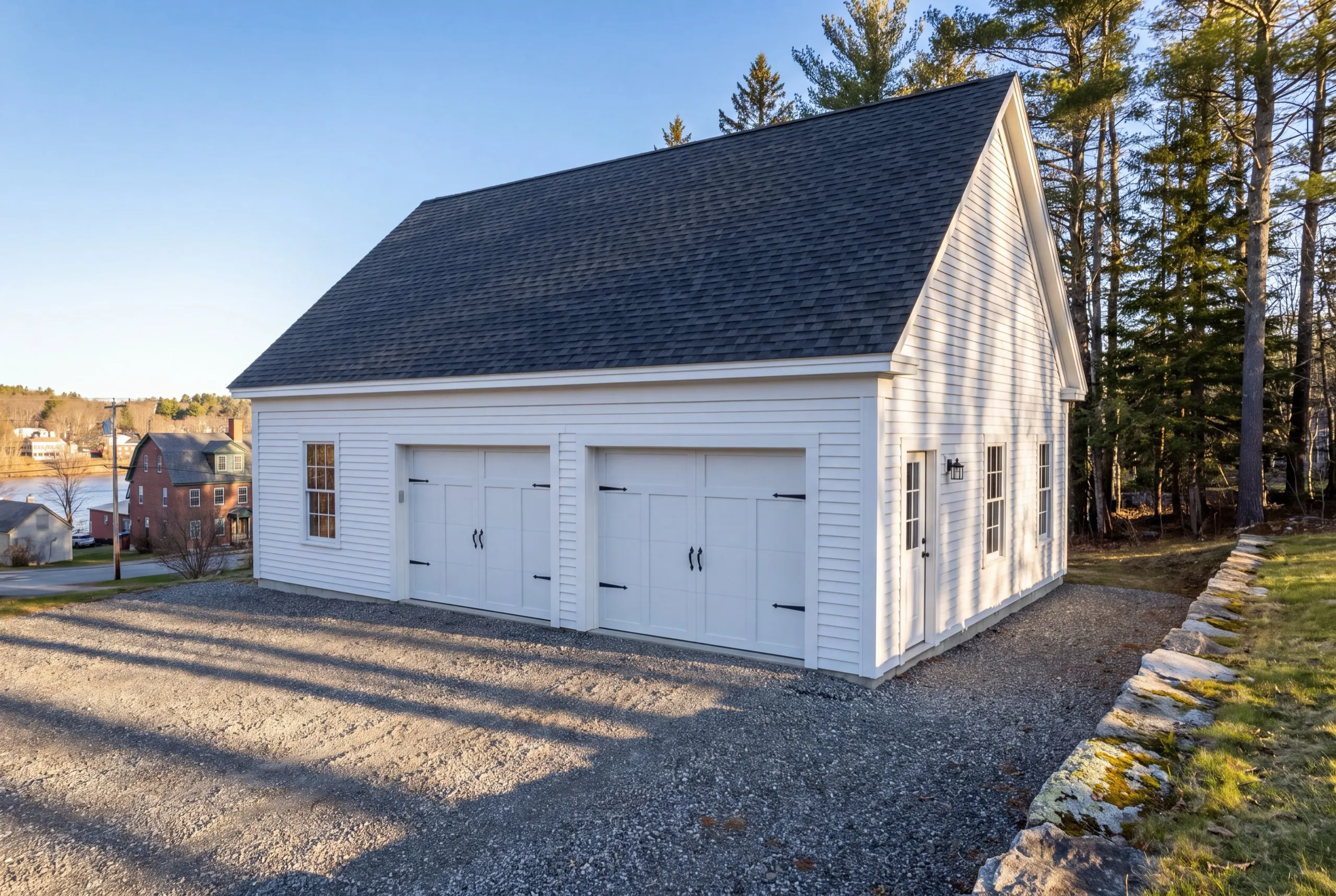 Detached garage builder Hallowell Maine: finished white detached two-bay garage with carriage doors on a gravel drive