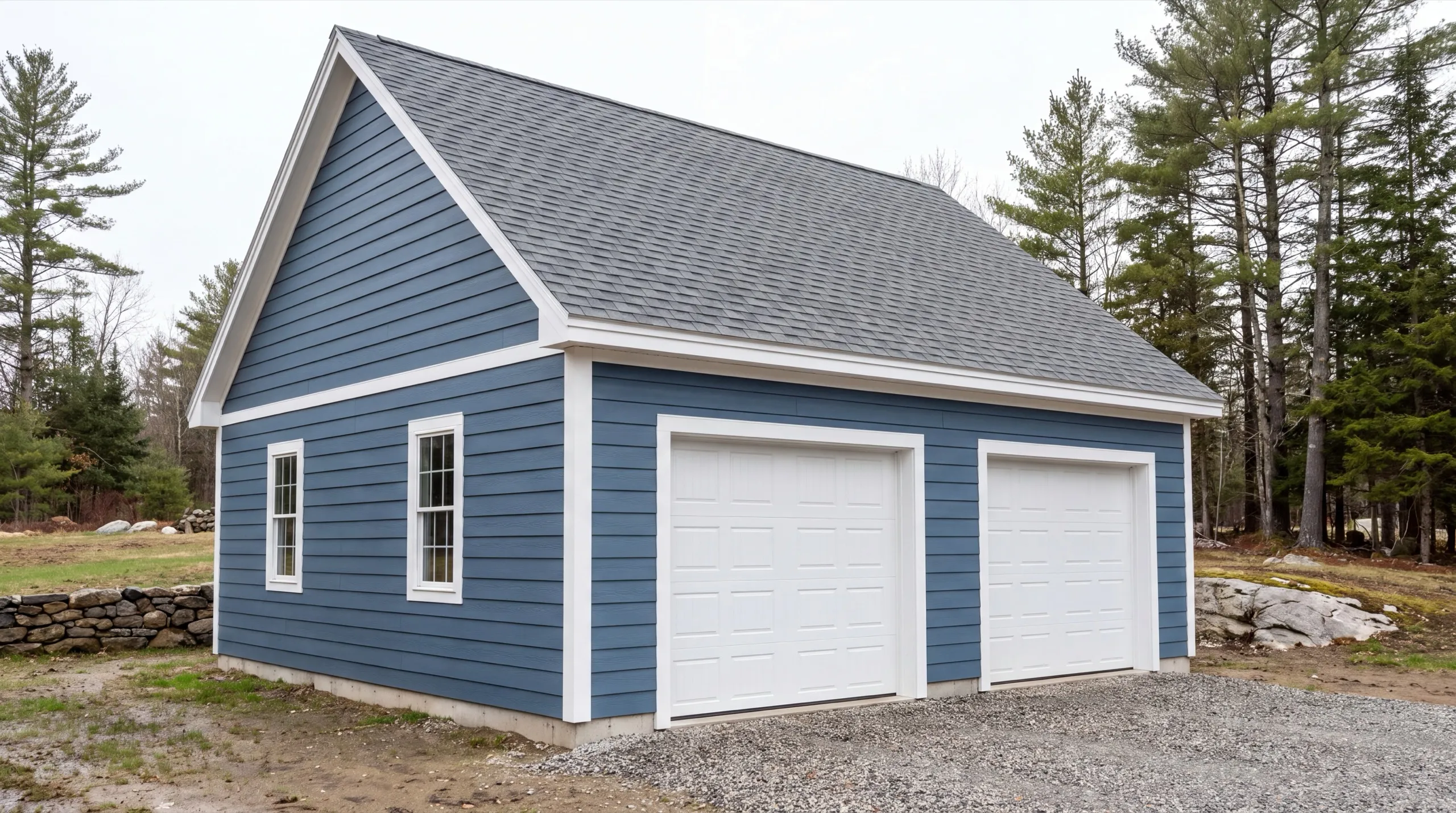 Garage builders in Hallowell, ME: finished blue detached two-bay garage with white doors and trim on gravel