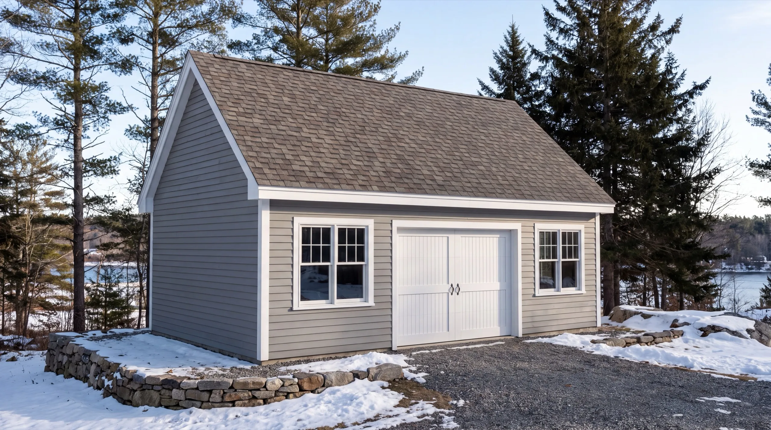 Custom garage builder Hallowell Maine: finished gray one-bay garage with white carriage doors and windows in snow