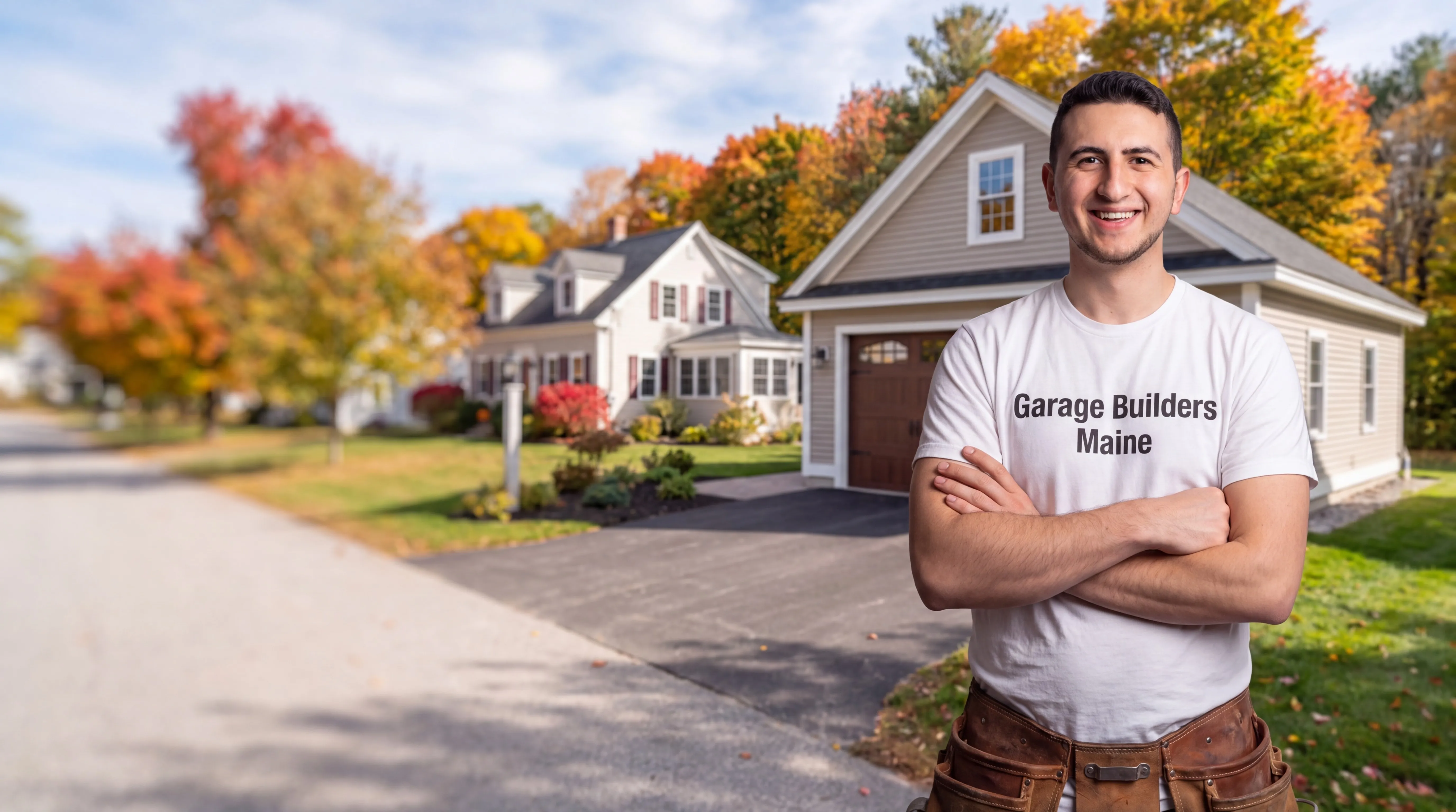 Garage builders Hallowell Maine: owner with arms crossed in front of a tan garage with a wood door