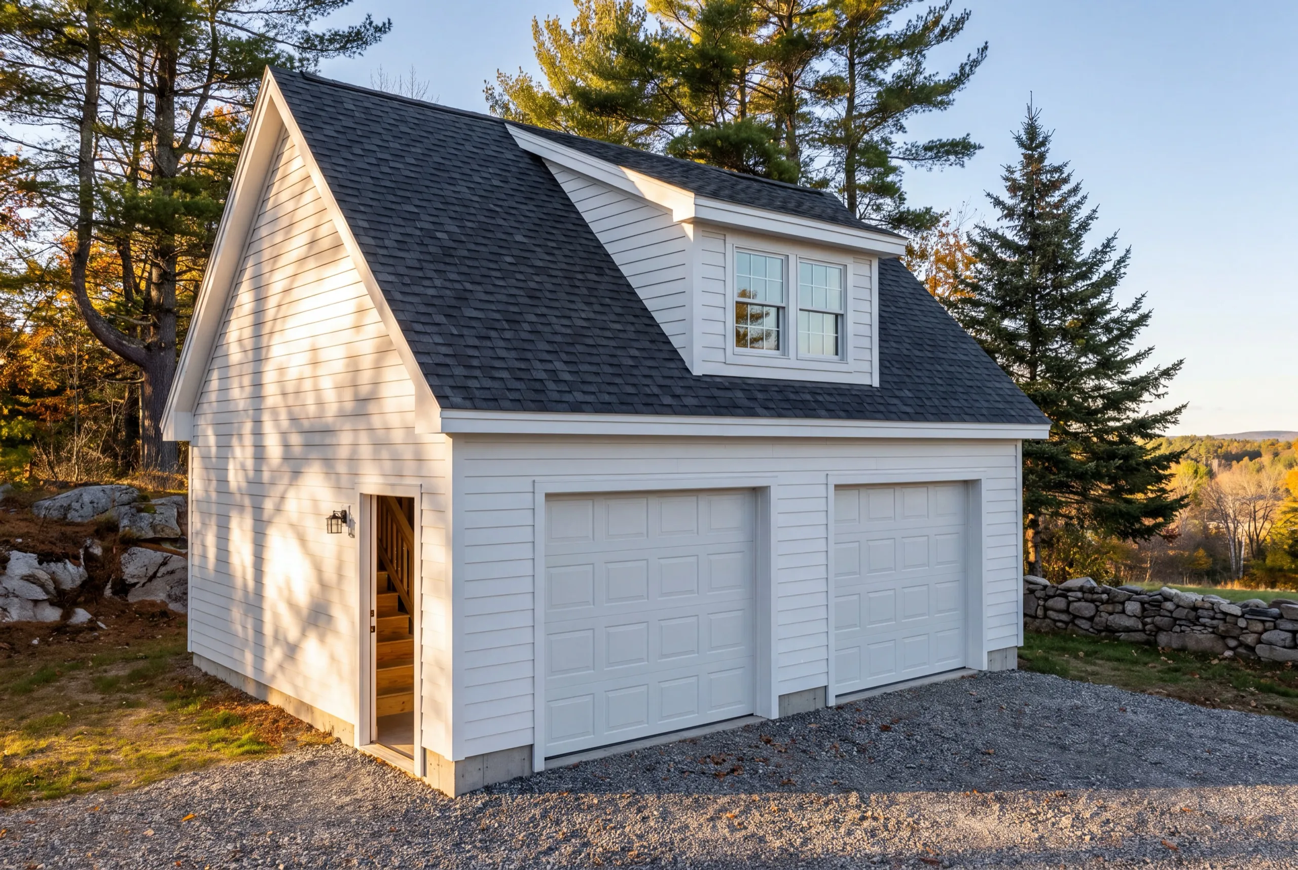 Garage builder Hallowell Maine: white two-bay garage with a loft dormer and a side door open to stairs