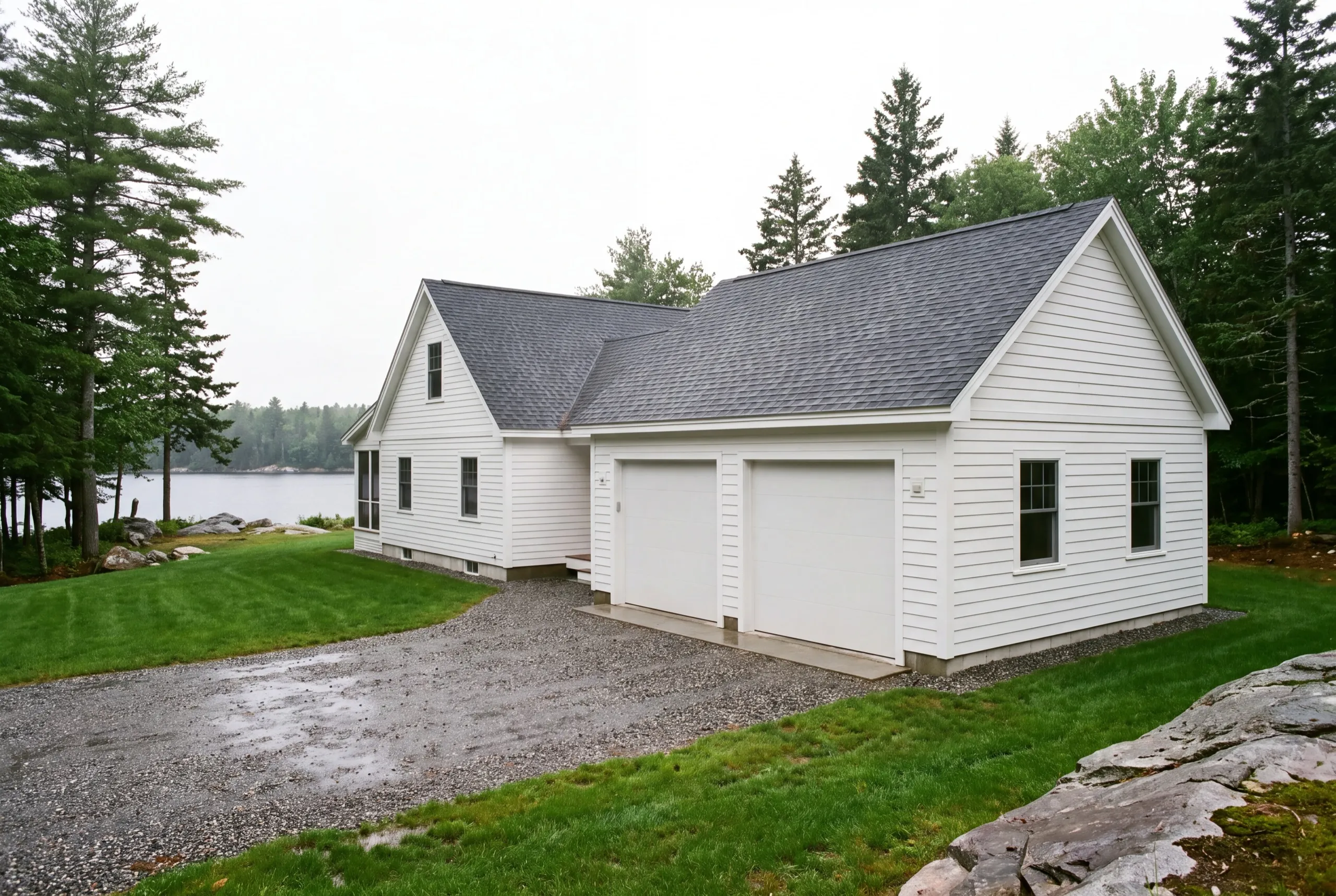 Garage builders Jefferson Maine: white house with an attached two-bay garage wing on a gravel drive