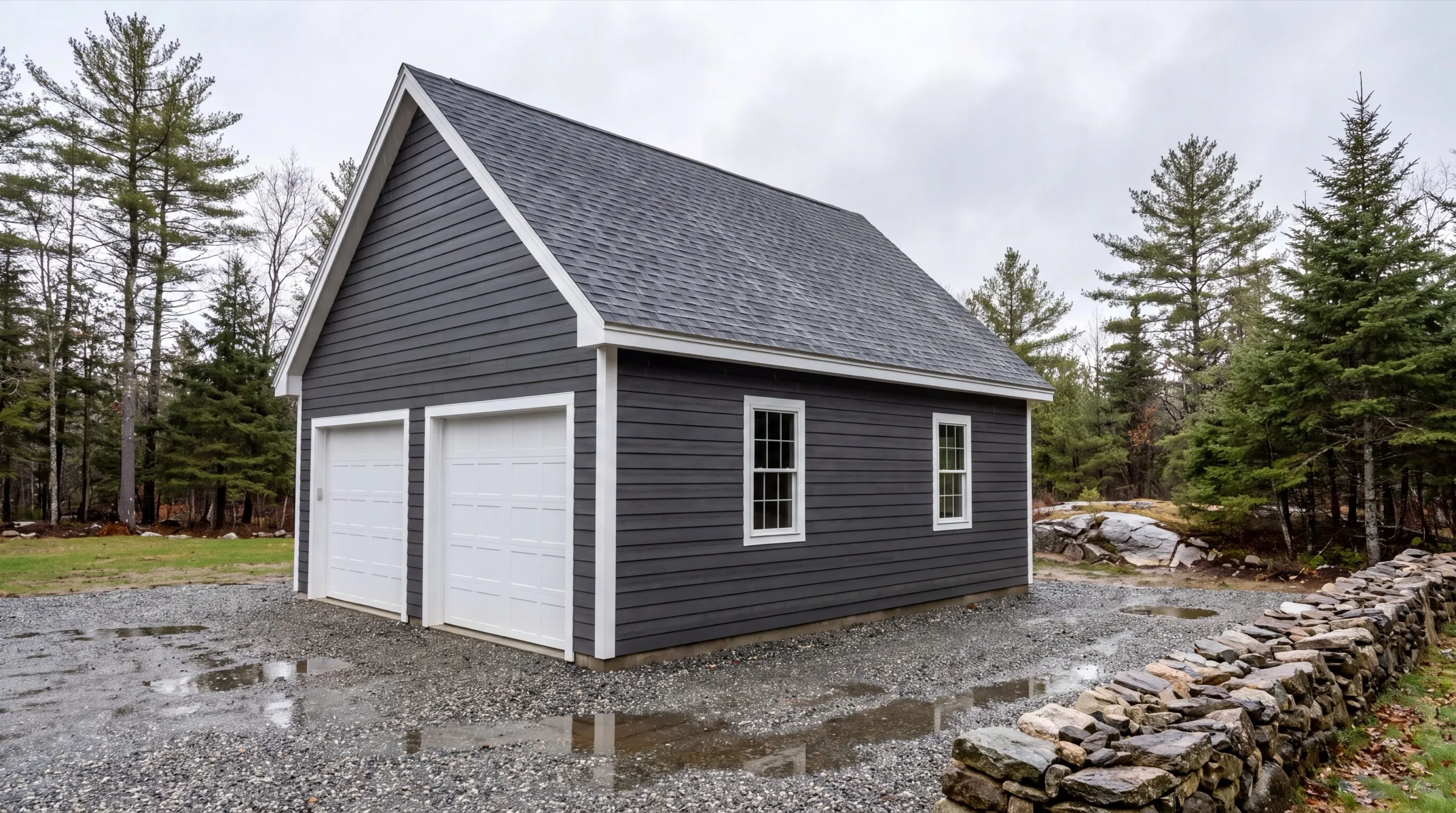 Garage builders in Jefferson, ME: finished charcoal detached two-bay garage with white doors on wet gravel