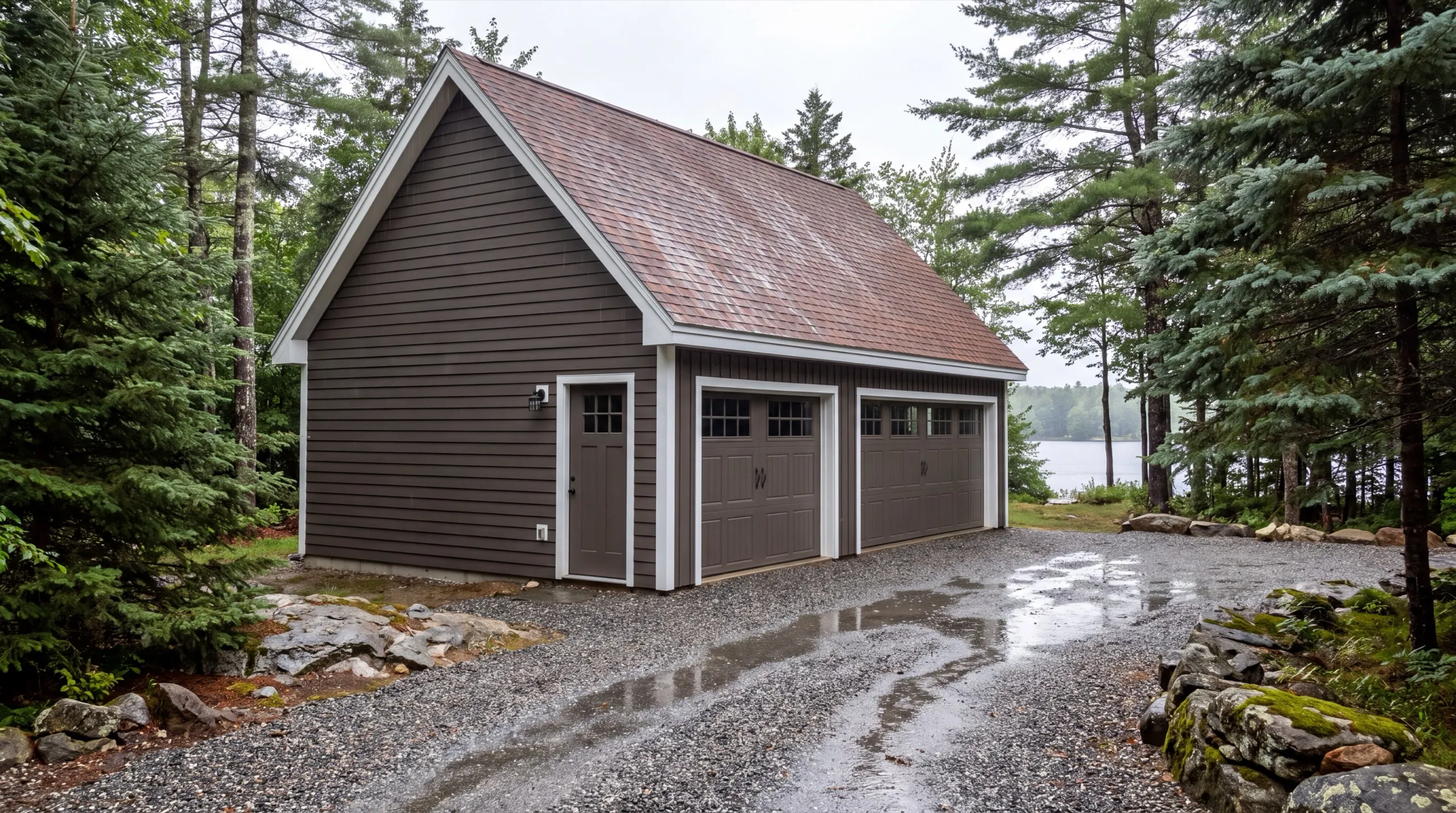 Detached garage builder Jefferson Maine: finished brown detached two-bay garage with a side entry door on wet gravel
