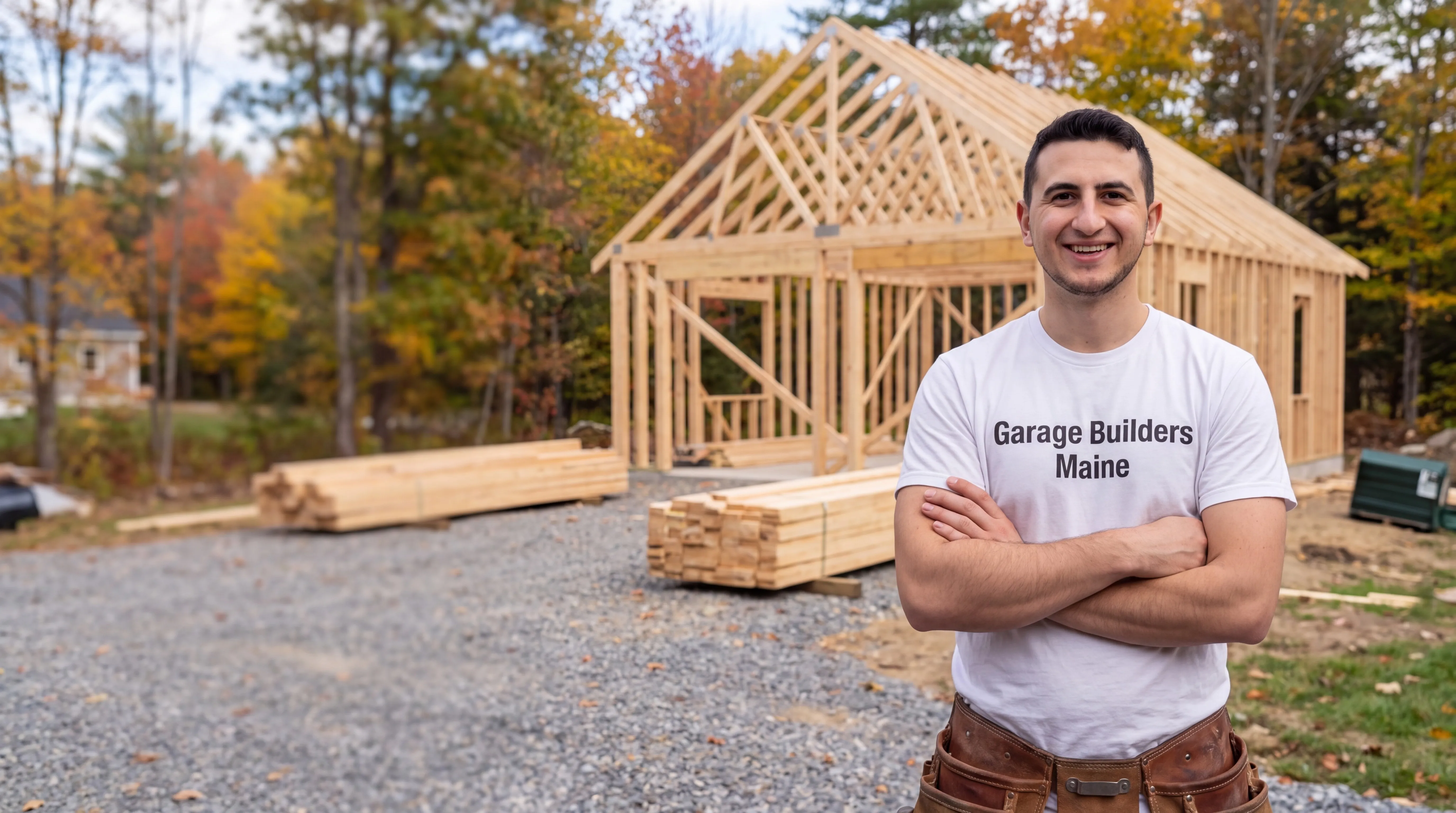 Owner of Garage Builders Maine standing with his arms crossed and smiling at a Maine job site