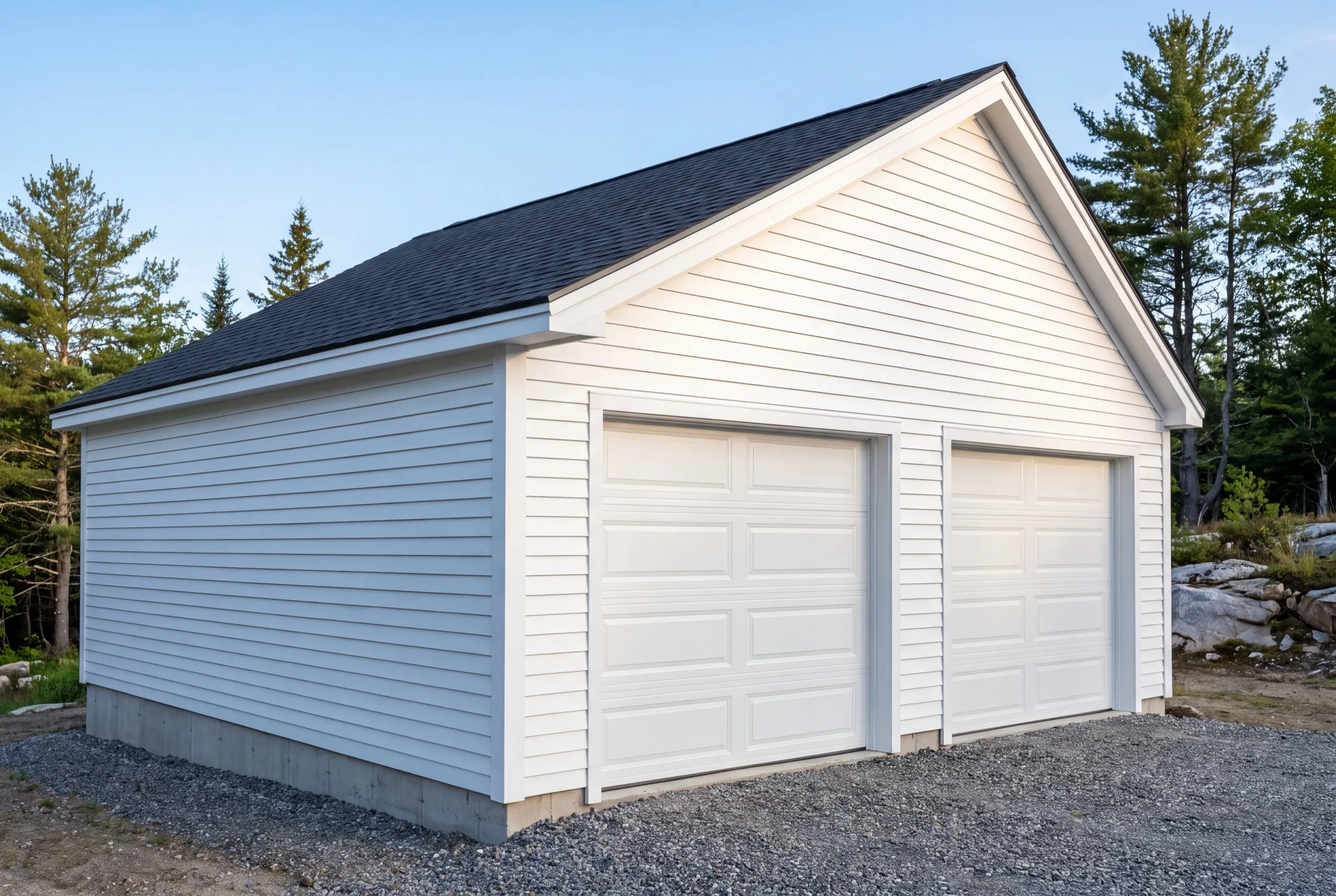 Detached garage builder Jefferson Maine: finished white detached two-bay garage with white doors on a gravel pad