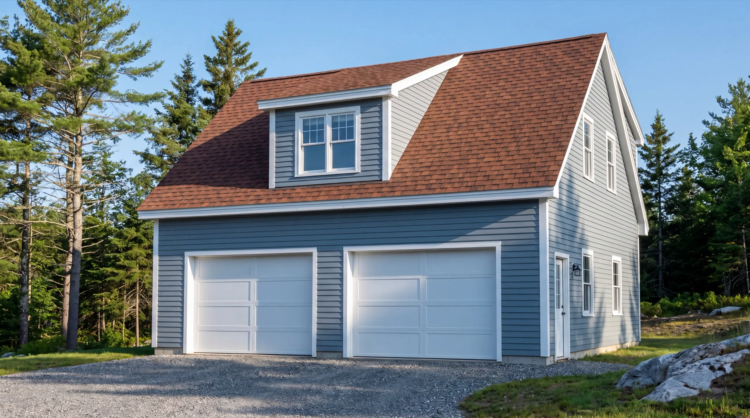 Detached garage builder Central Maine: finished blue-gray two-bay garage with a shed dormer and a brown roof