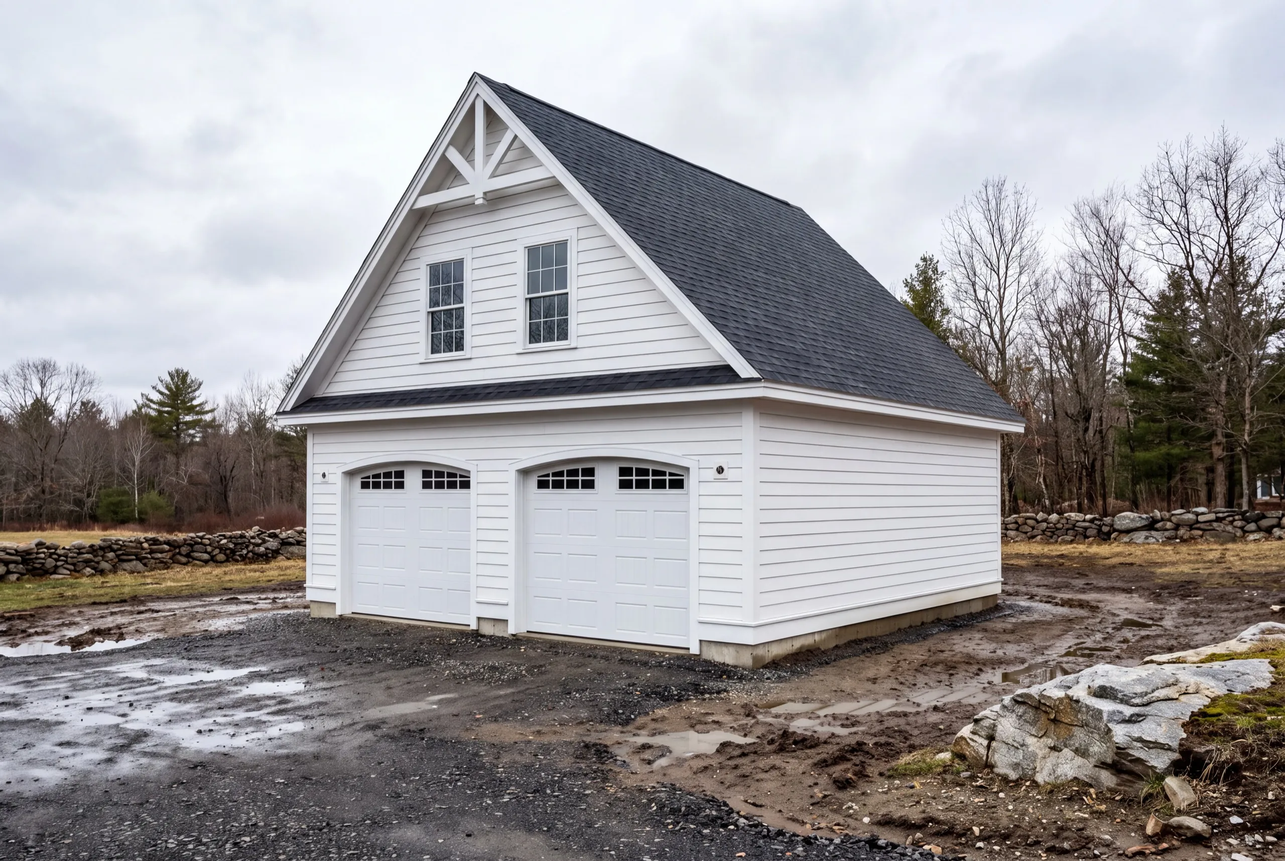 Garage builders Litchfield Maine: finished white two-bay garage with loft windows and a trimmed gable