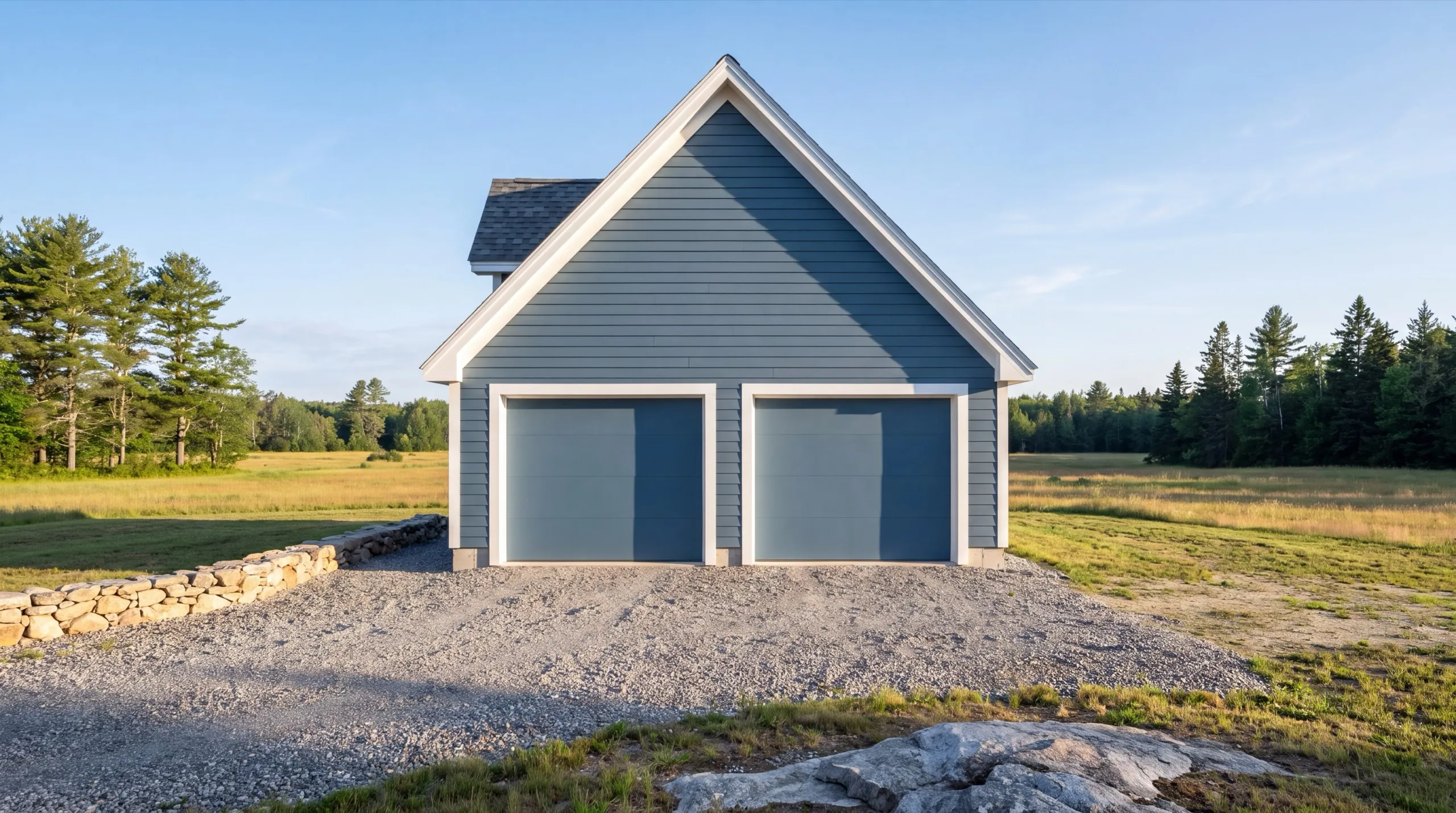 Custom garage builder Litchfield Maine: finished blue gray two-bay garage gable end on a gravel pad by a field