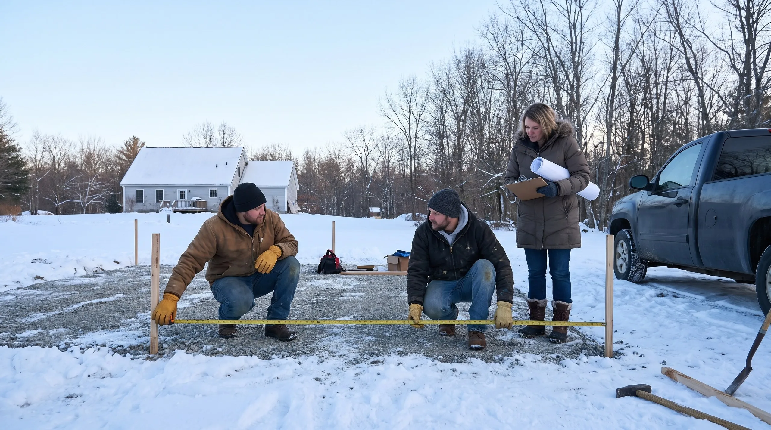 Garage builders Manchester Maine: builders measure between layout stakes on a gravel pad as a homeowner holds rolled plans