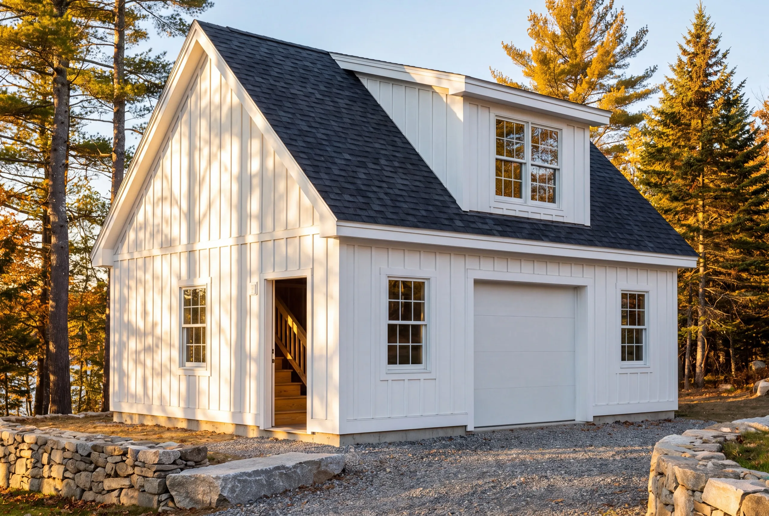 Garage builder Manchester Maine: white board and batten garage with a loft dormer and side door to stairs