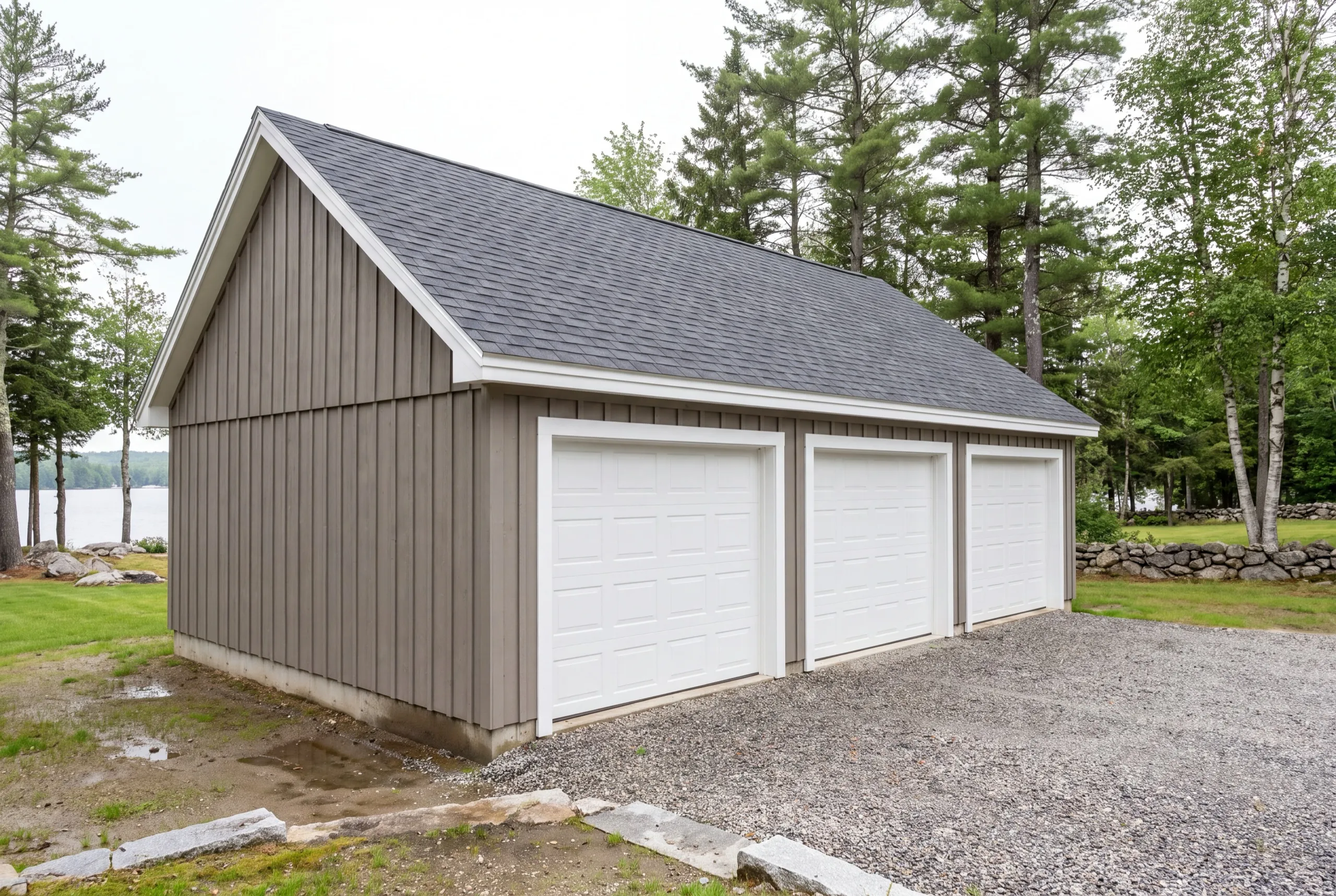 Custom garage builder Manchester Maine: finished taupe board and batten three-bay garage with white doors on gravel