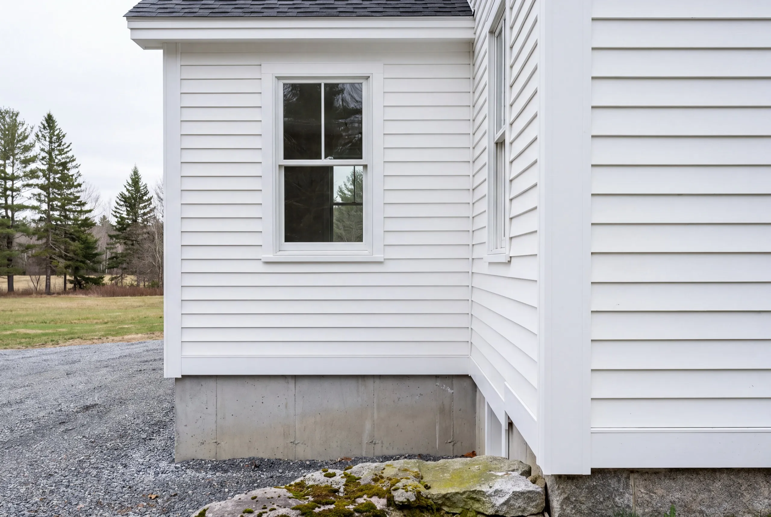 White siding corner where a new wing with a window meets the house in Monmouth, Maine