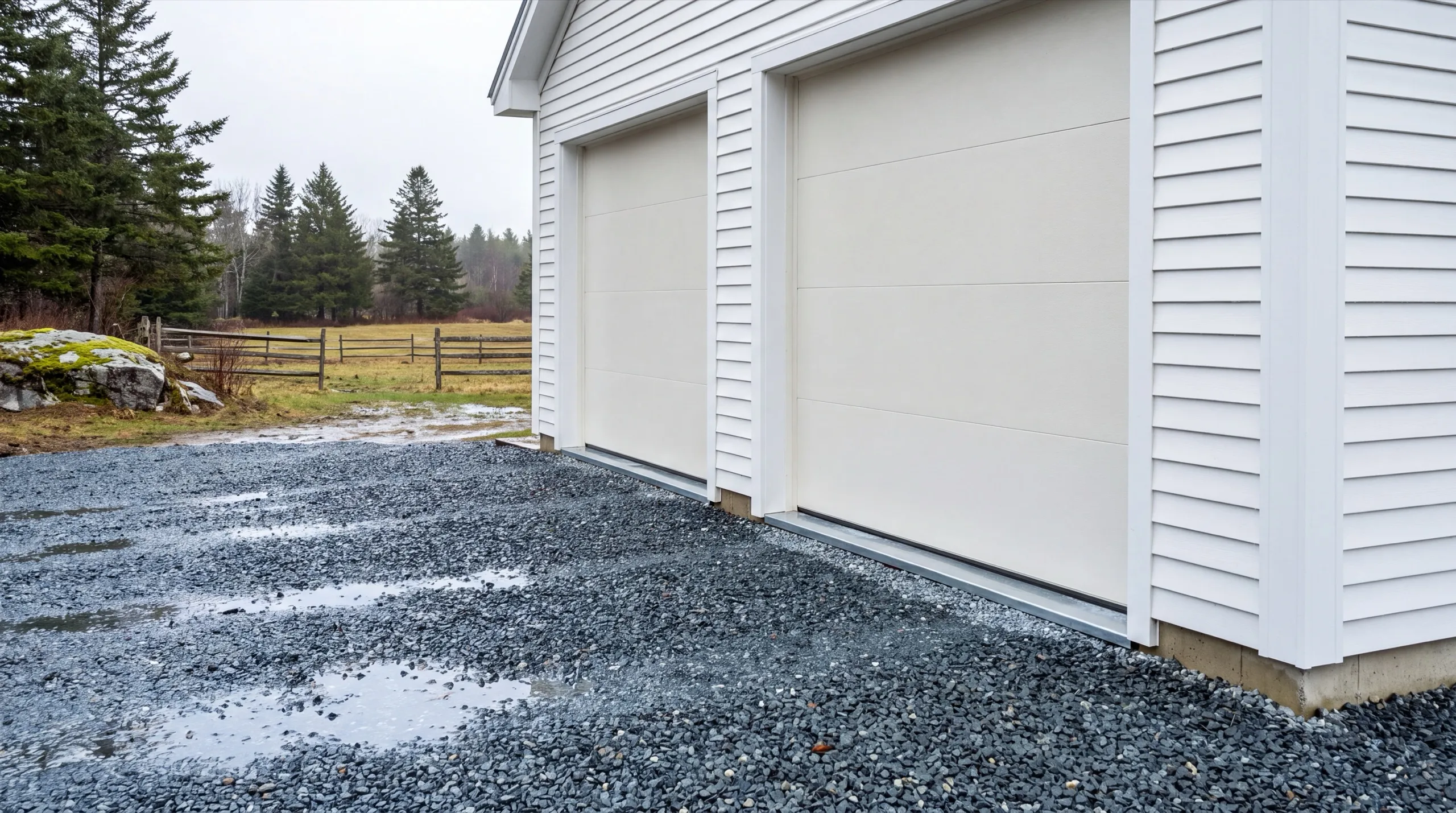wide gravel equipment apron on a Monmouth garage build