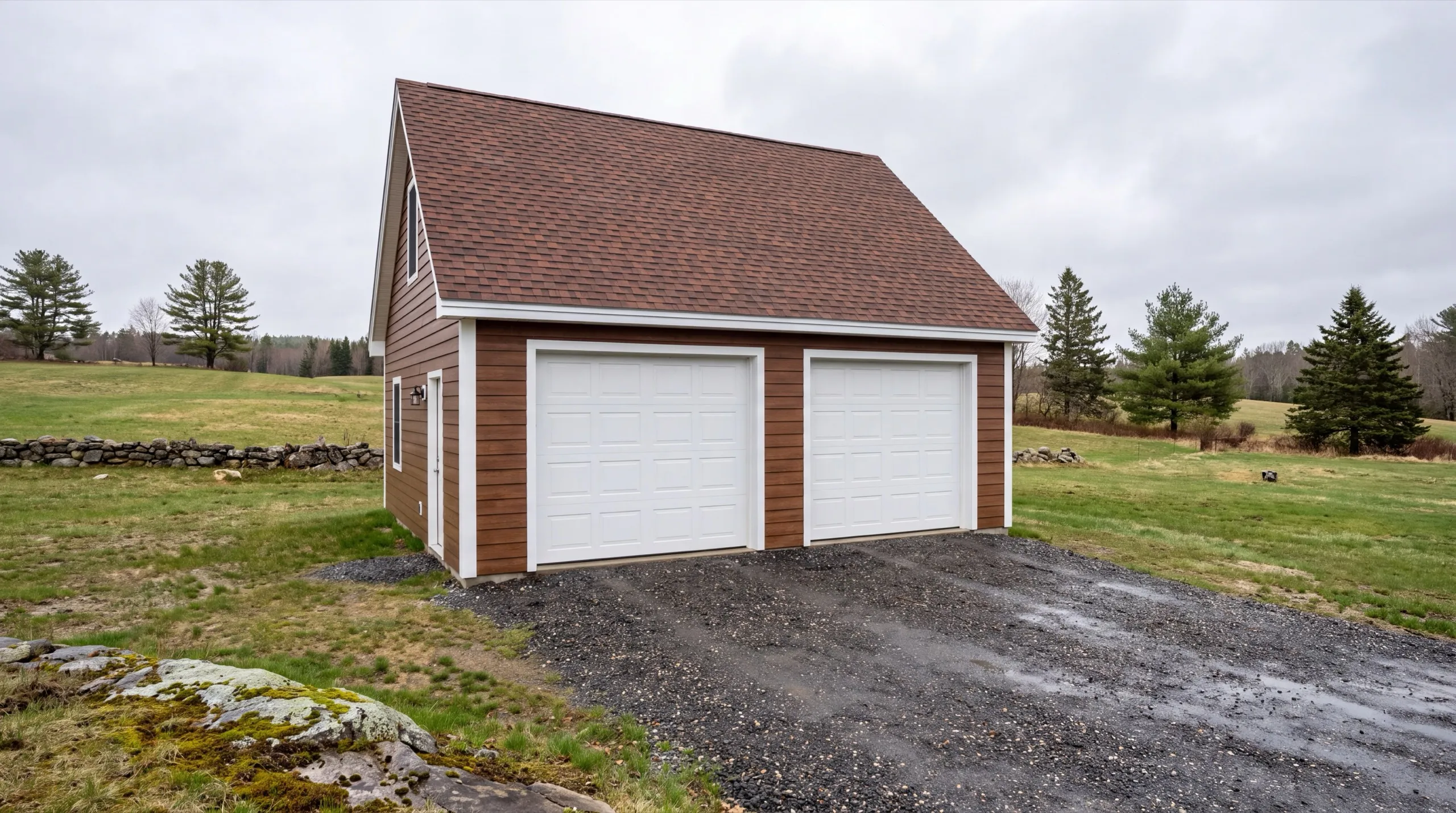 Garage builders in Monmouth, ME: finished brown detached two-bay garage with white doors by an open field
