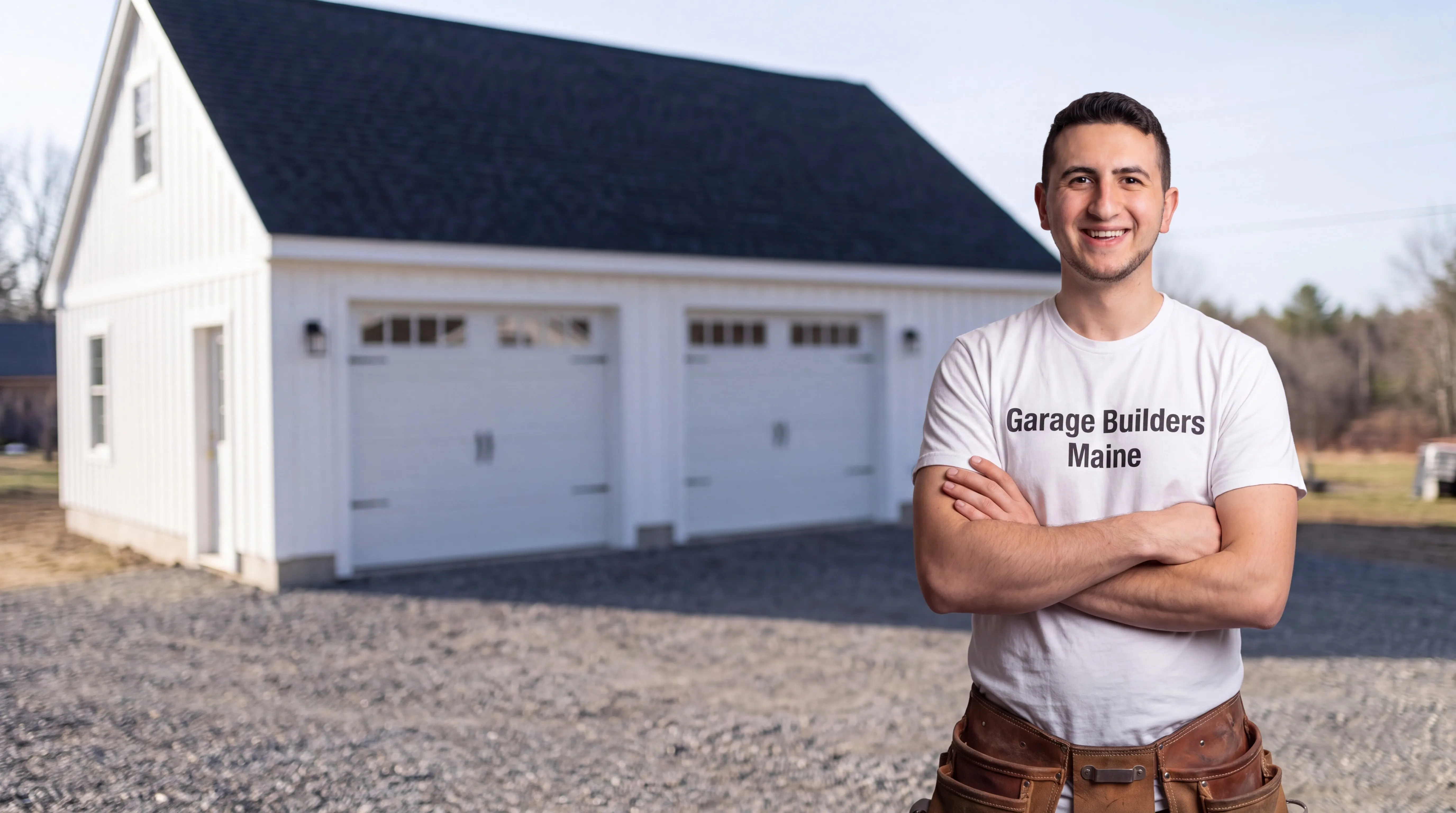 Owner of Garage Builders Maine standing with his arms crossed and smiling at a Maine job site