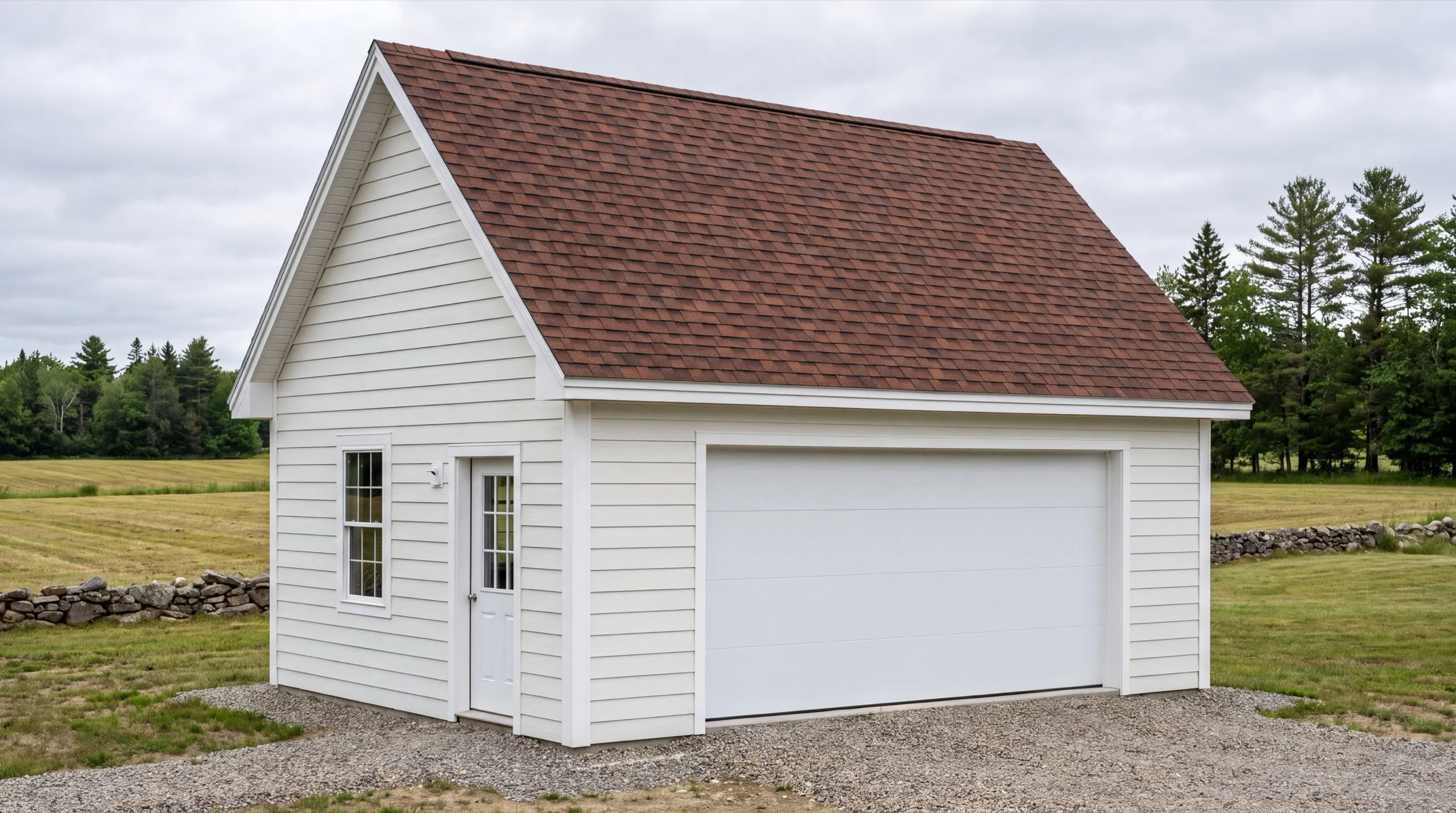 Detached garage builder Monmouth Maine: finished white garage with a brown roof and one wide overhead door