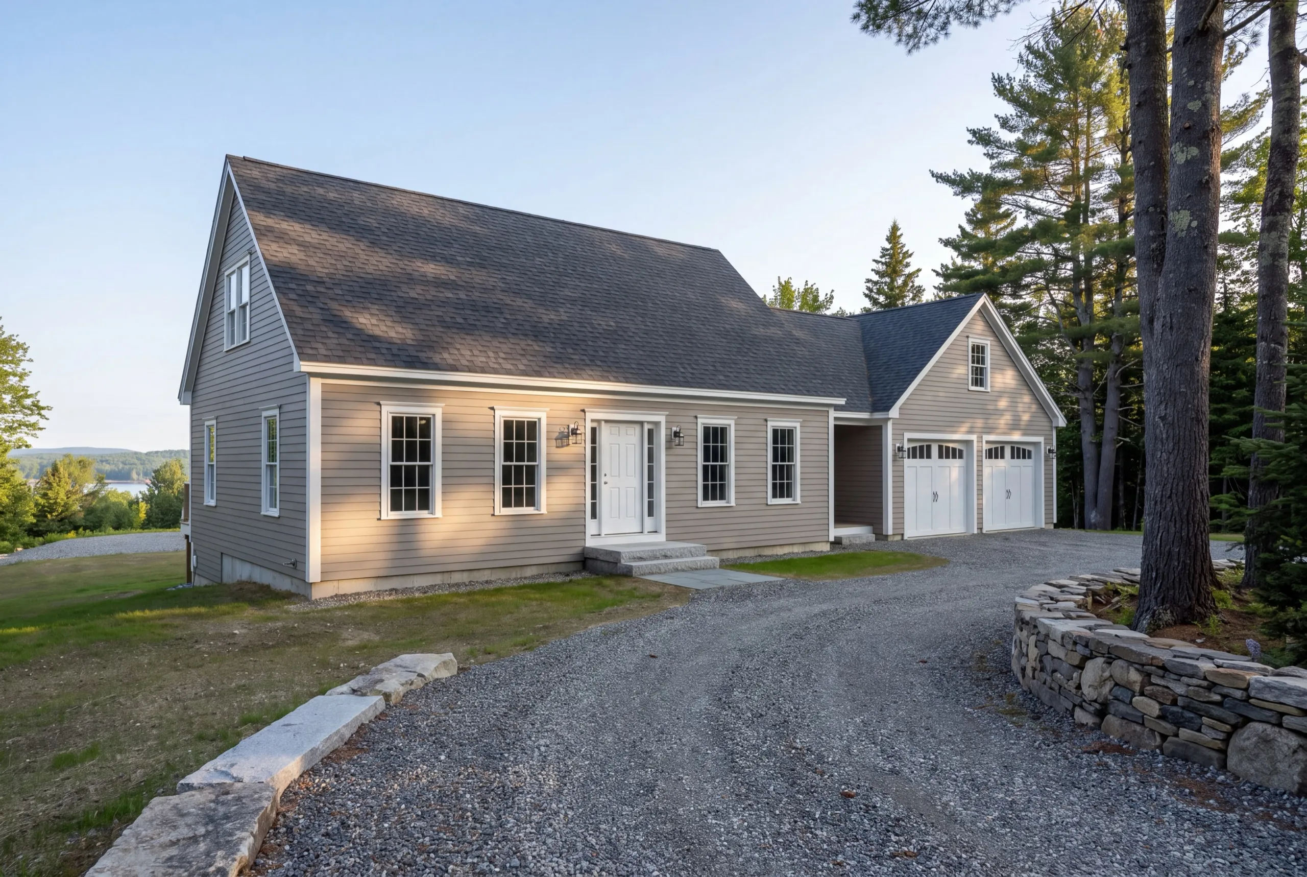 Garage builders Pittston Maine: taupe cape joined to a two-bay garage wing on a curved gravel drive